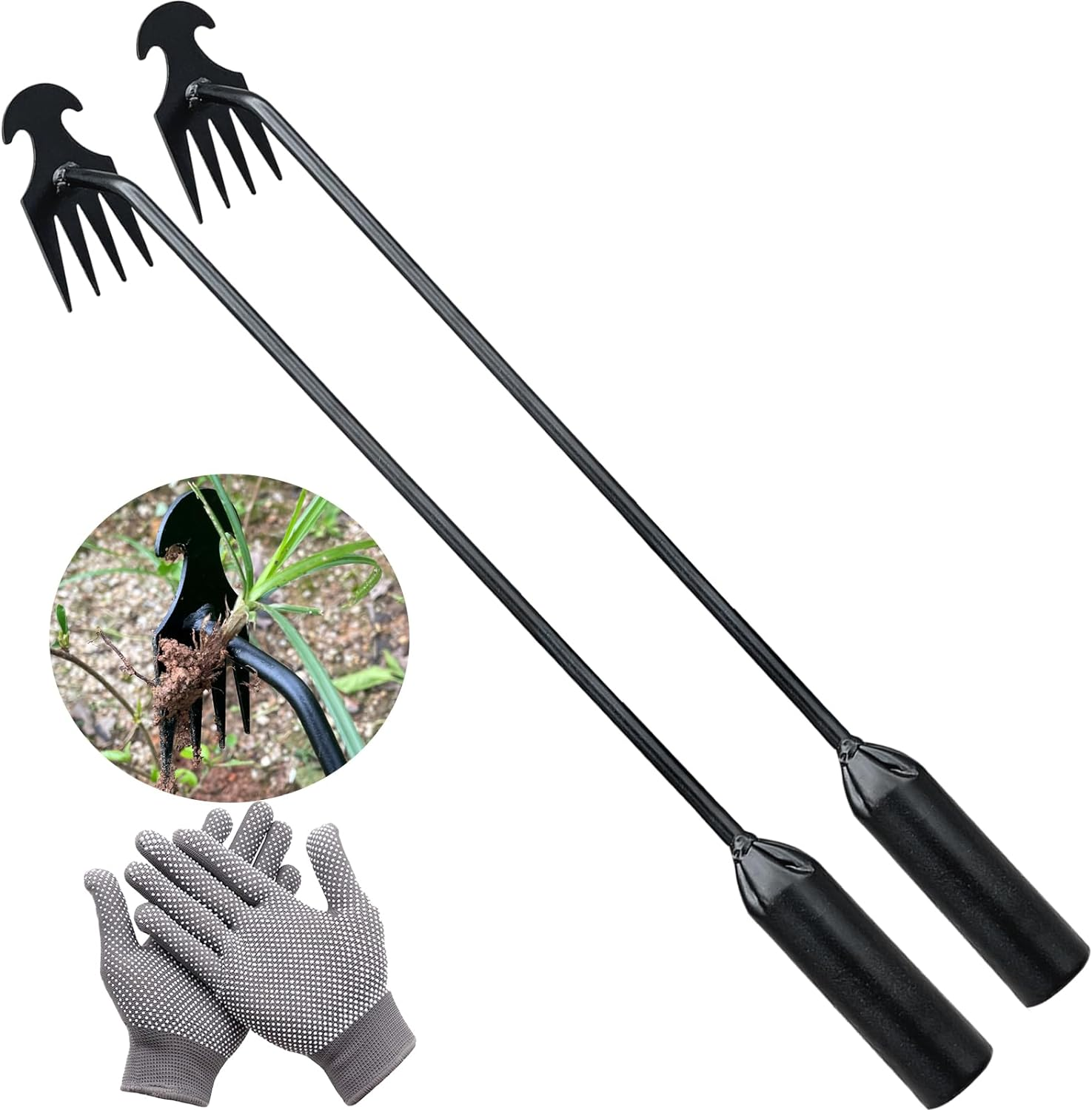 Weed Puller Tool, 2 Pcs 4 Teeth Durable Garden Weed Pulling Tool, Portable Garden Weeder Tool with Gloves for Vegetable Gardening, Backyard Farm Weeding Tool (15.74 Inch / 40 Cm) image number 6