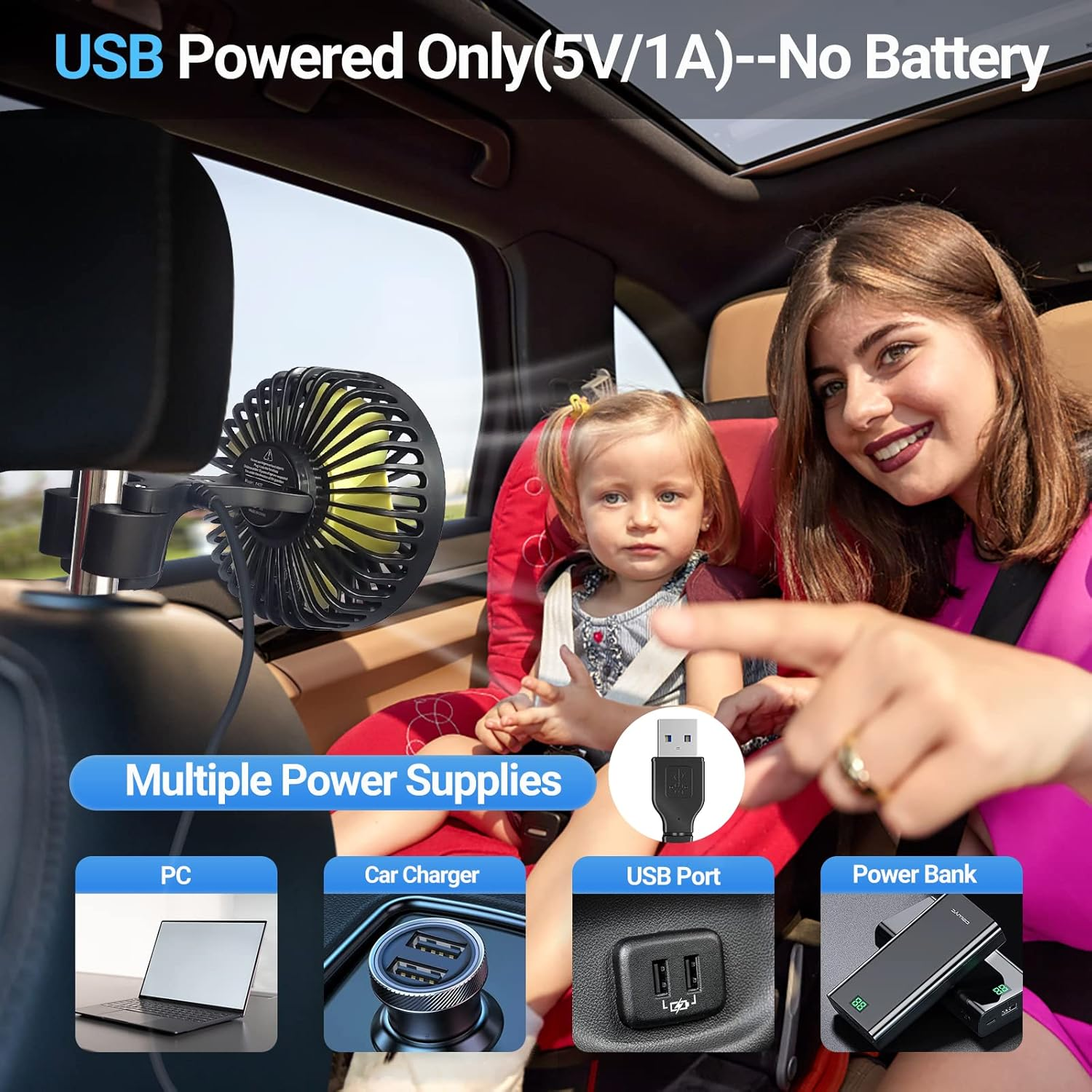 HUENLYEL USB Car Seat Fans for Backseat Baby, Electric 5V USB Car Cooling Fan for Car Rear Seat Baby Kids Passengers(Usb Powered Only, No Battery) image number 3