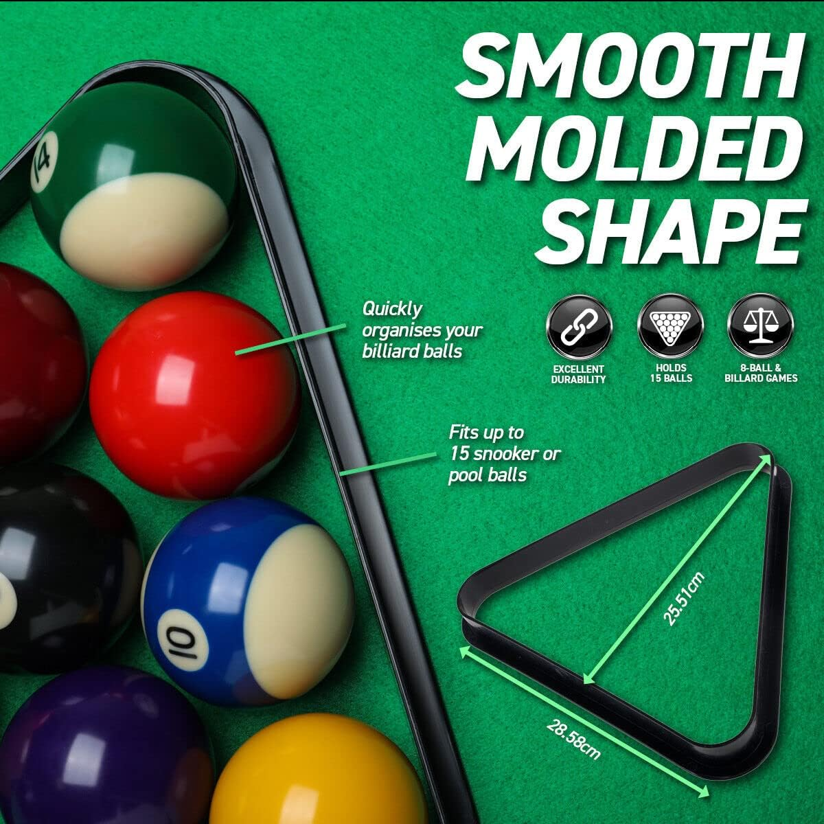 [3PCE] SAS Sports Snooker & Pool Triangle Racks, Plastic, Durable and Impact Resistant, Smooth Molded Triangular Shape, Holds 15 Balls, Necessity for Racking Pool and Snooker Balls (28.5Cm X 25.51Cm)