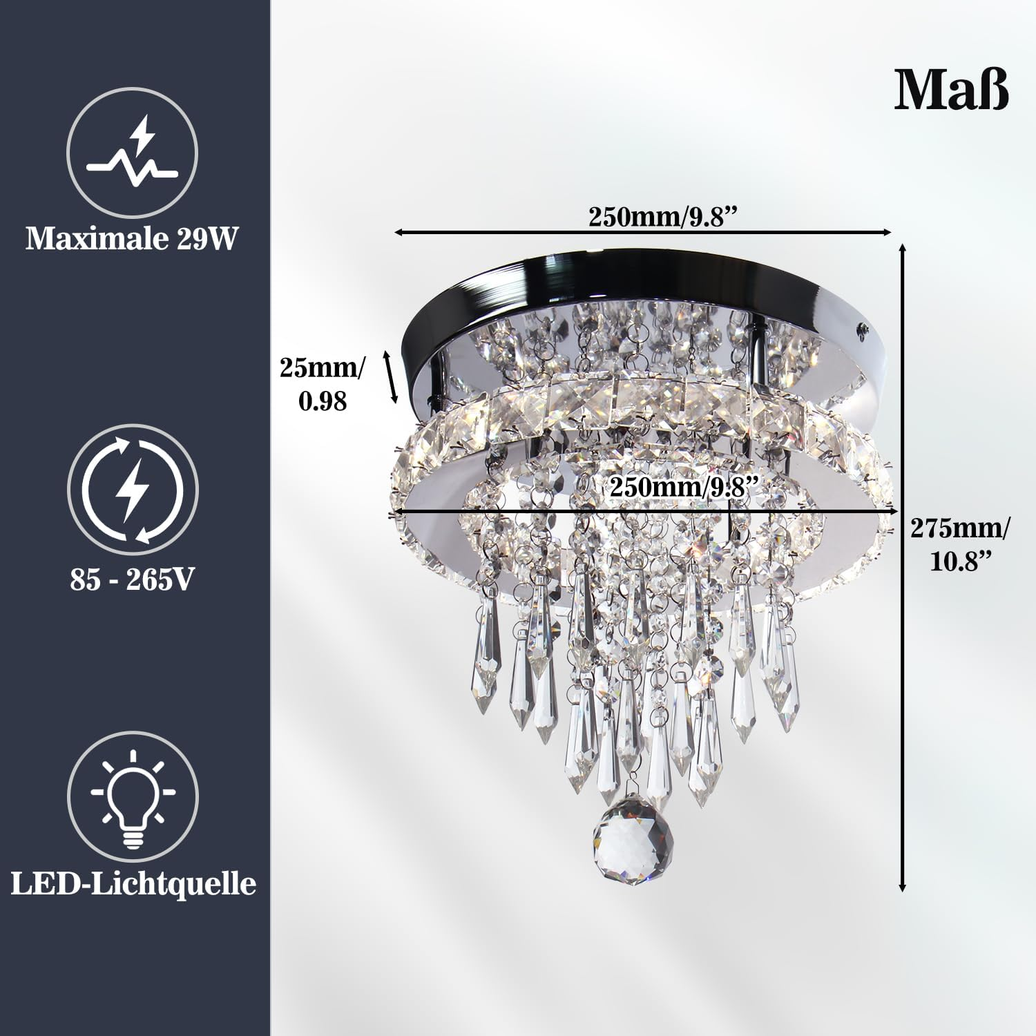 FRIXCHUR Modern LED Crystal Ceiling Light, round Crystal Chrome Ceiling Light for Bedroom, Living Room, Hallway, Kitchen (White) image number 5