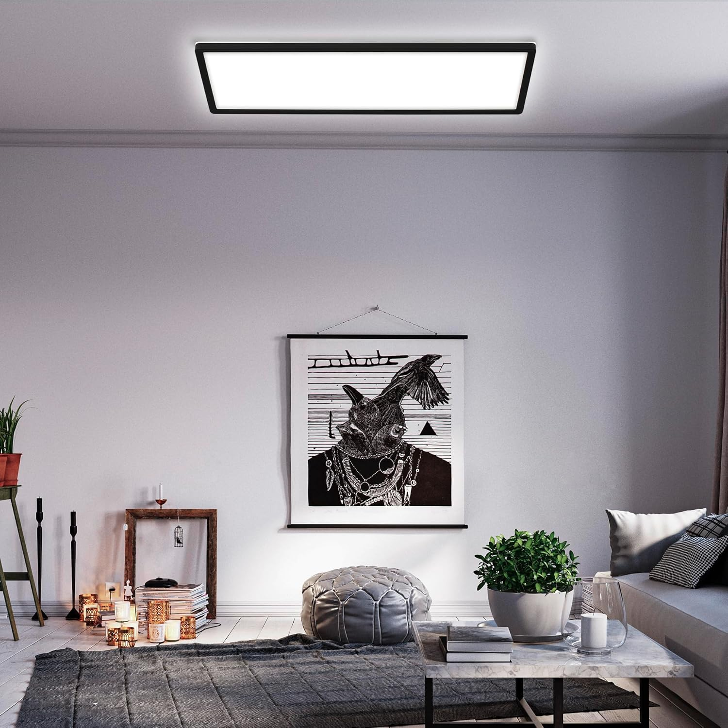 BRILONER - LED Ceiling Light with Indirect Light, 58 X 20 Cm, Flat, 22 W, 3,000 Lm, Neutral White Light Colour, Living Room, Ceiling Light, Living Room Lamp, LED Panel, Kitchen Lamp, Bedroom, Black