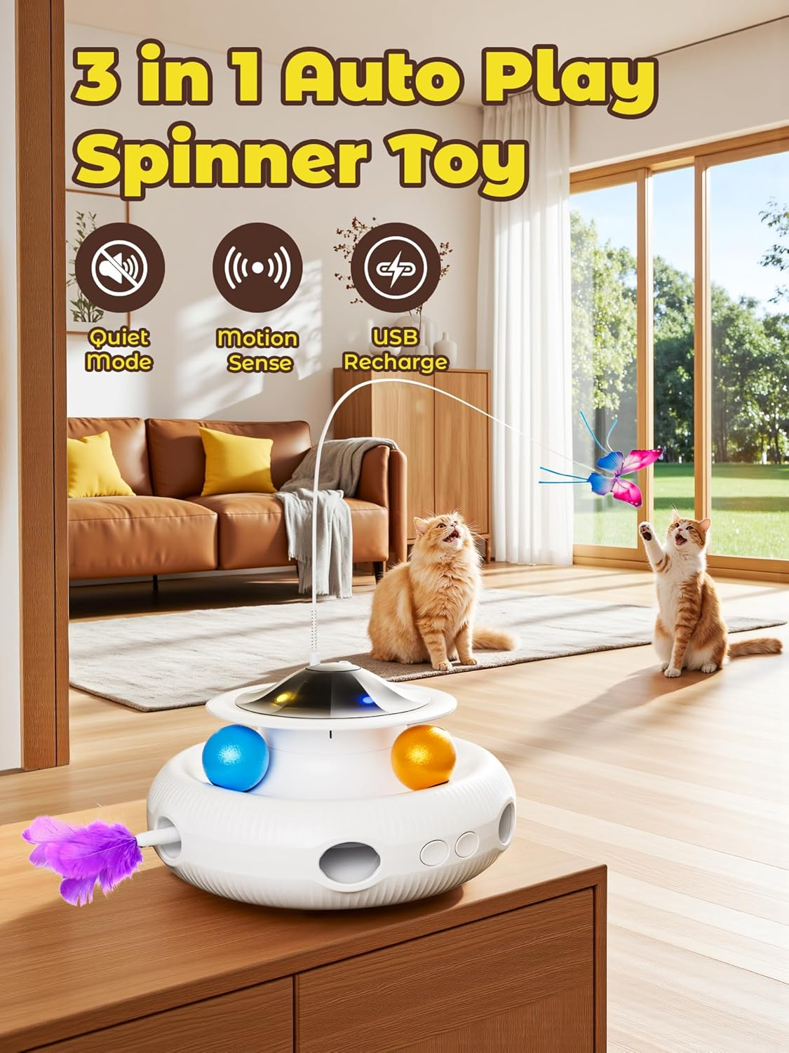 Interactive Cat Toys - 3In1 Automatic Cats Toy Indoor, Hide and Seek Kitten Toy with Track Balls, Fluttering Butterfly, Moving Ambush Feather & LED Lights,Rechargeable Hunting Exercise Kicker image number 6