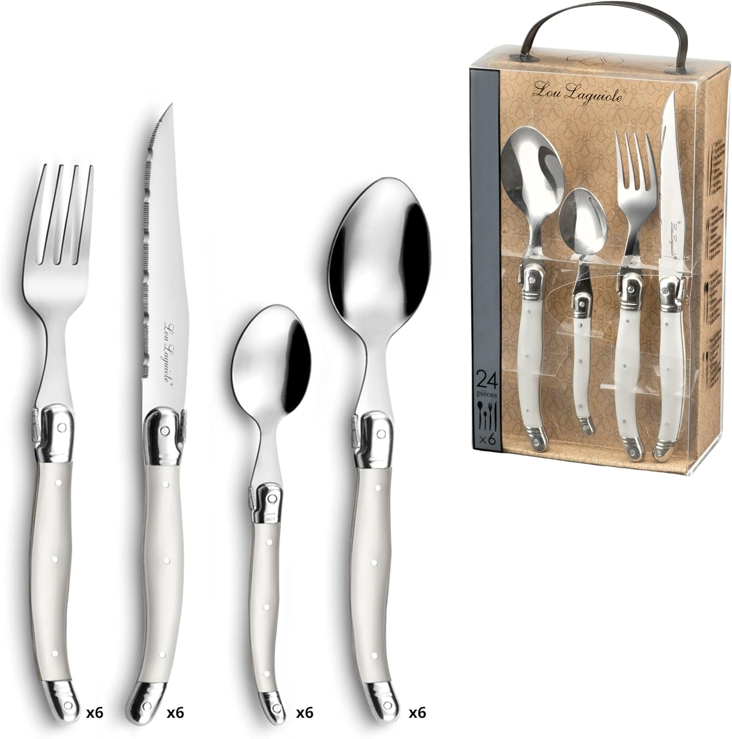 Lou LAGUIOLE Tradition Steak Knife Cutlery Set 24 Pieces | Steak Cutlery with Tradition and Style | Handles in Red | Serrated Knife | Barbecue Cutlery Set | Sharp Knives | Cutlery Set for 6 People