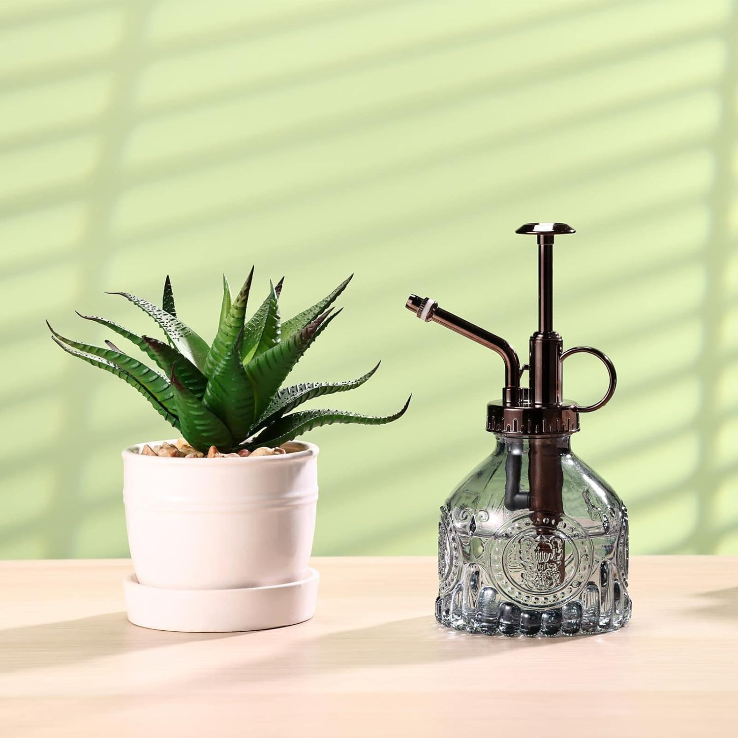 Glass Plant Mister Spray Bottle, 6.5" Green Glass Water Spray Bottle with Gold Top Pump Small Watering Can, Small Plant Sprayer Mister for Indoor Outdoor House Plant (Gray+Bronze D) image number 4