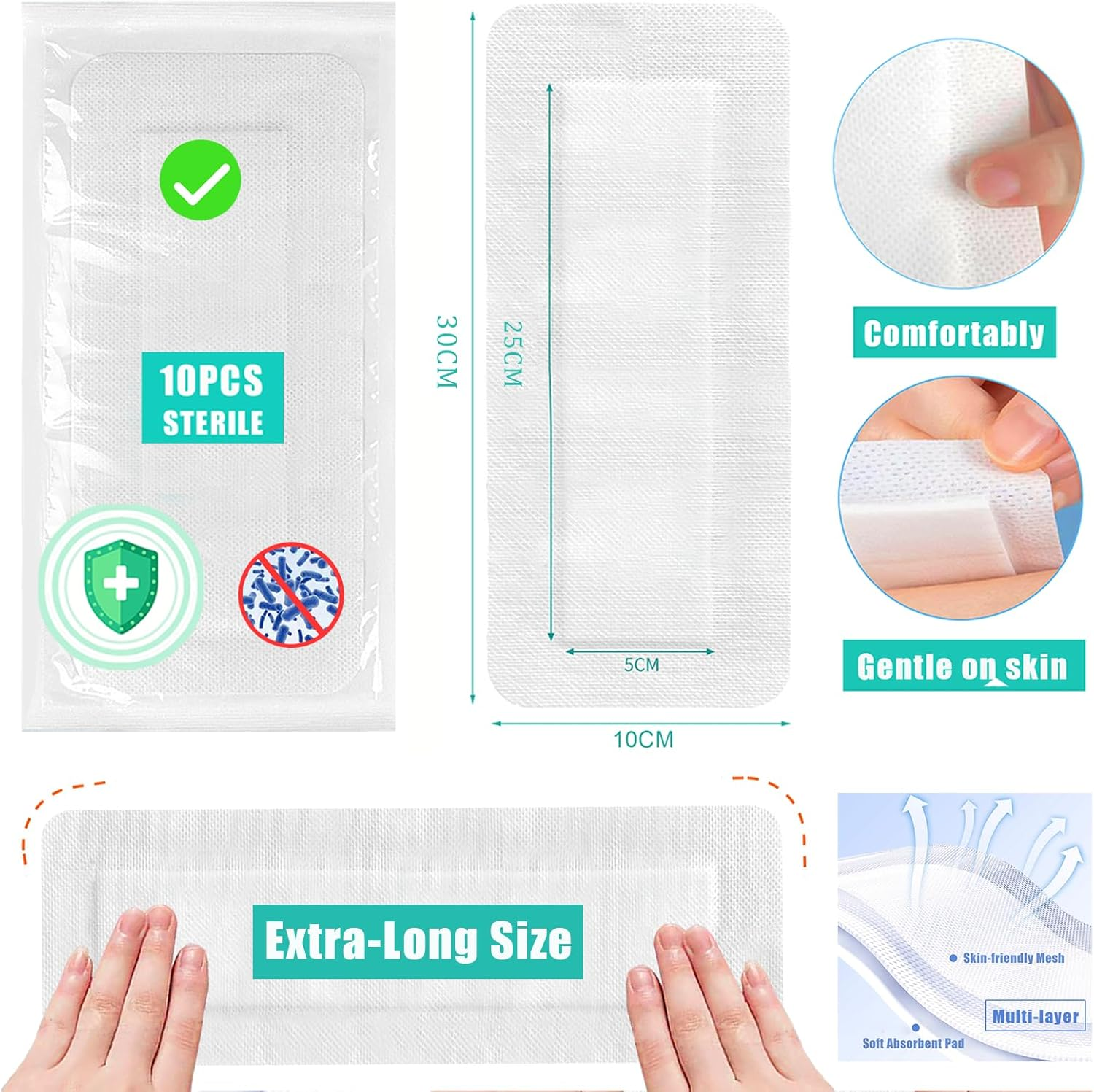 Wound Dressings Adhesive, Lengthen Large Dressing Pads Padding with Absorbent Patch, Individually Wrapped(10 X 30Cm, 10 Pack)