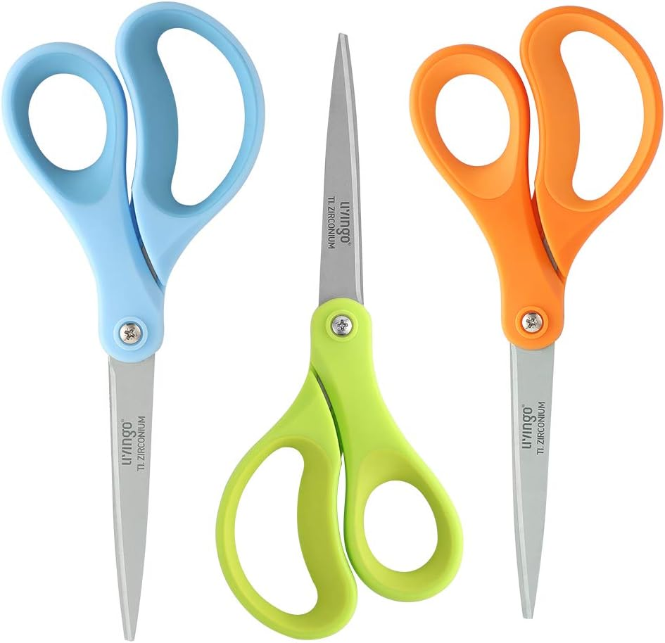 LIVINGO Scissors All Purpose - Titanium Coated Heavy Duty Sharp Stainless Steel Comfortable Shears for Office Home School Cutting Paper Fabric, Blue, White, and Brown, 3 Pieces