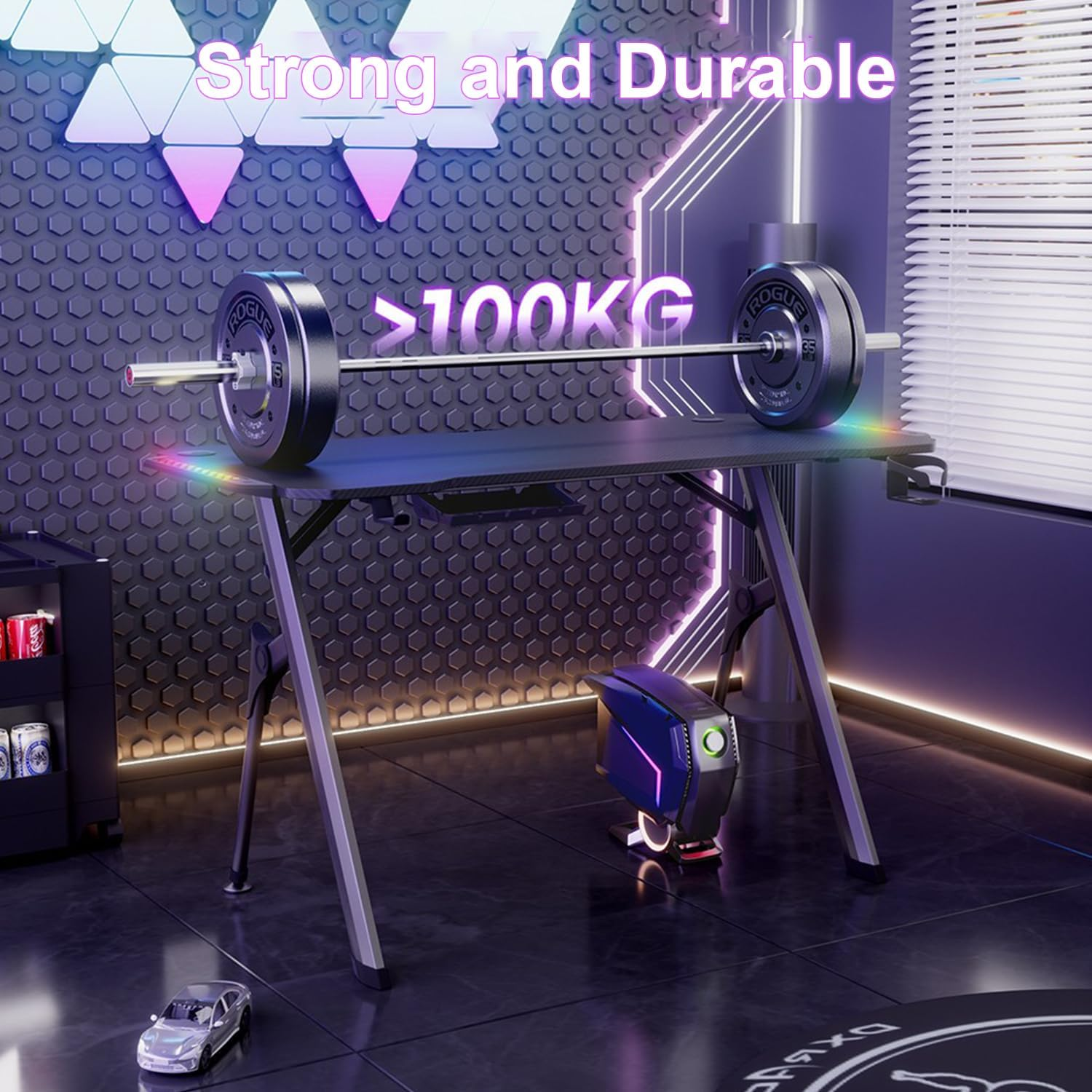 Gaming Desk Computer Desk: 160Cm LED RGB Light Home Desk Study Desk with Carbon Fiber Surface Video Game Table with Cable Management Box, Cup Holder, Headphone Hook and Mouse Pad (TD-02) - Td-02 image number 6