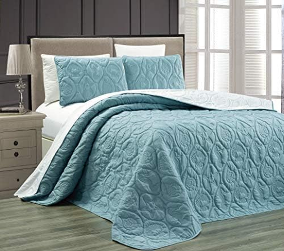 Grandlinen 3-Piece Fine Printed Oversize (100" X 95") Quilt Set Reversible Bedspread Coverlet Queen Size Bed Cover (Grey, Teal Blue, Medallion) image number 6