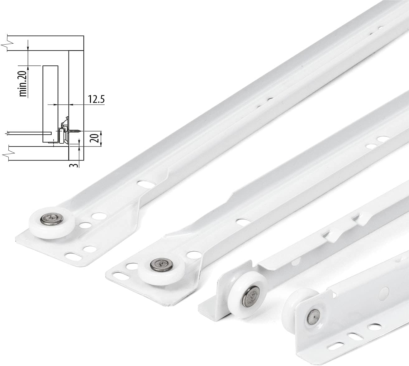 Loumaxx Roller Slide Guides 500 Mm | Set of 2 (1 Pair) Drawer Runners White | Drawer Rail System with Partial Extension | Smooth Runners Drawer in Cream White