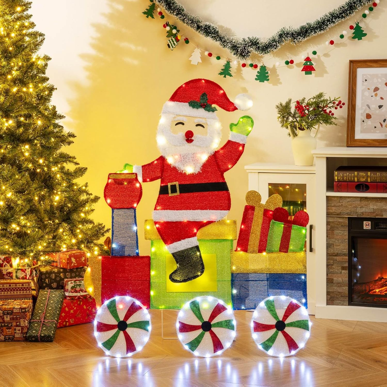 Costway Lighted Santa on Train Christmas Decoration, Indoor Outdoor 2D Santa Claus with LED Lights, Gift Boxes and Ground Stakes, Xmas Holiday Decoration for Home Lawn Yard Garden, Plug In image number 5