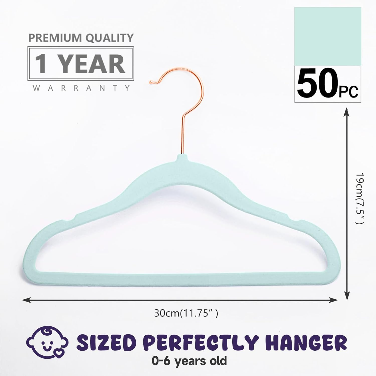 MIZGI Premium Kids Velvet Hangers (Pack of 50) with Copper/Rose Gold Hooks,Space Saving Ultra Thin,Non Slip Baby Hangers for Children'S Skirt Dress Pants,Clothes Hangers by (Blue) image number 6