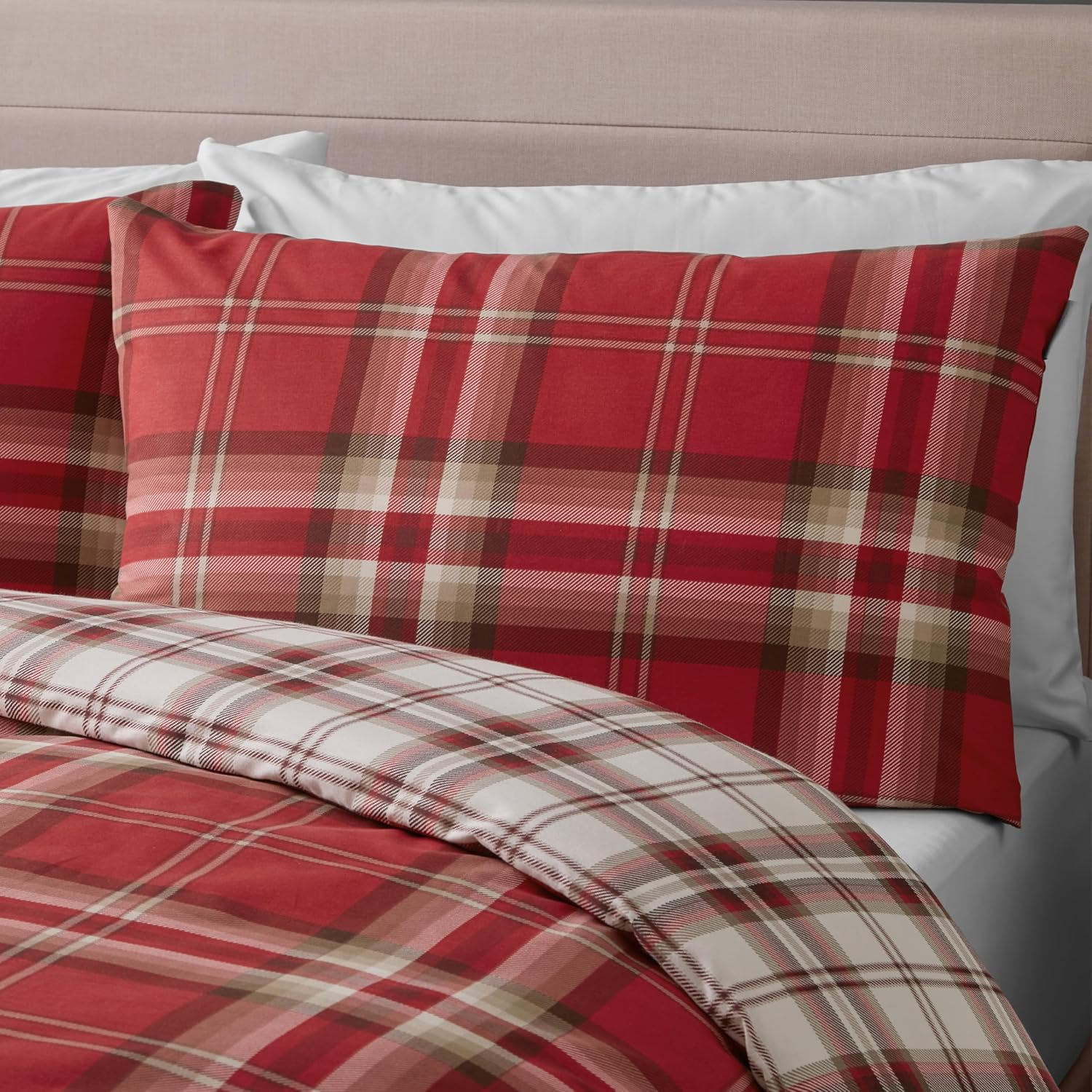Catherine Lansfield Kelso Check Reversible King Duvet Cover Set with Pillowcases Red image number 5