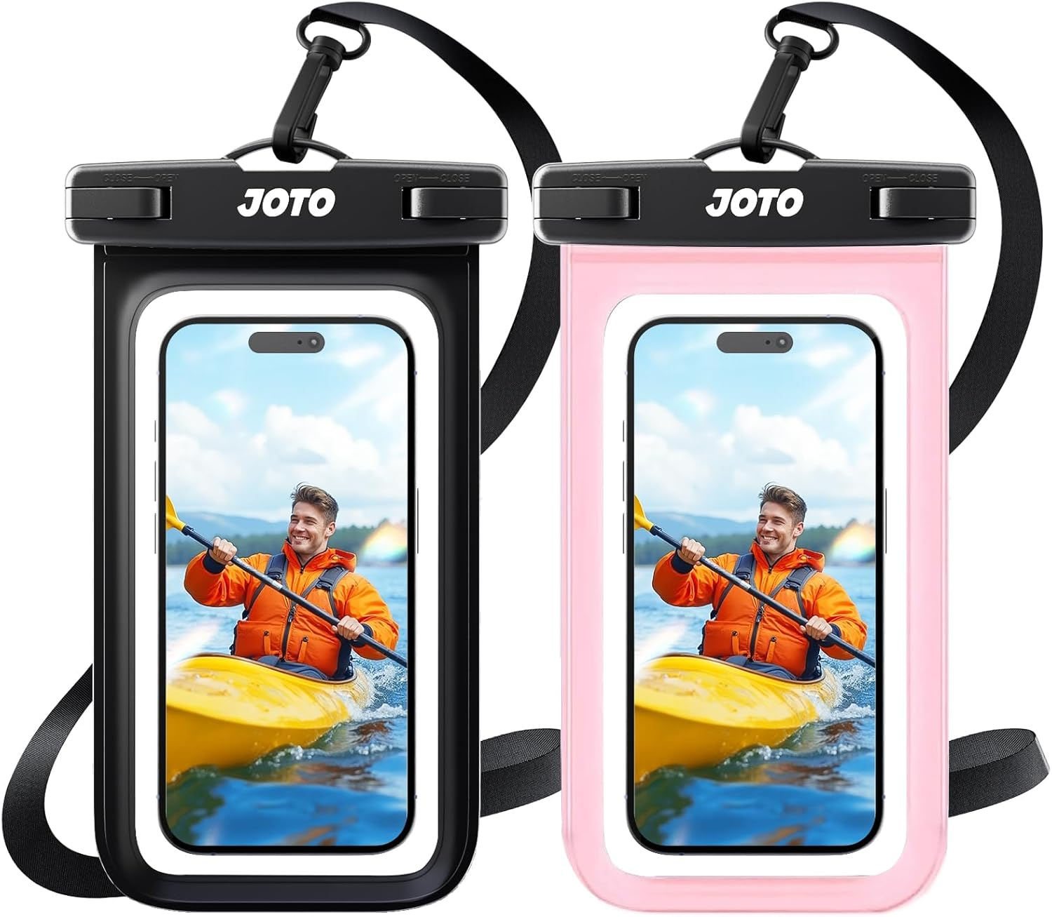 JOTO 2 Pack Waterproof Phone Pouch Case up to 7", IPX8 Underwater Phone Case Cellphone Dry Bag for Iphone 17 16 15 14 13 12 Pro Max Xs Max XR X 8 7 6S plus Se/Galaxy S24 S23 S22 S21 -Black/Clear