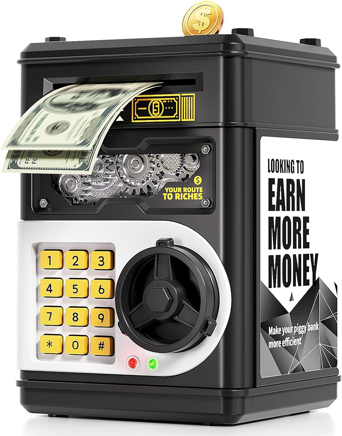 Piggy Bank for Kids Boys 5-13 with 4 Saving Record Cards, Kids Money Safe Banks for Real Money with 4-Digit Password, Electronic Piggy Bank Toys for Boys Girls with Atm-Style Cash Slot, Black
