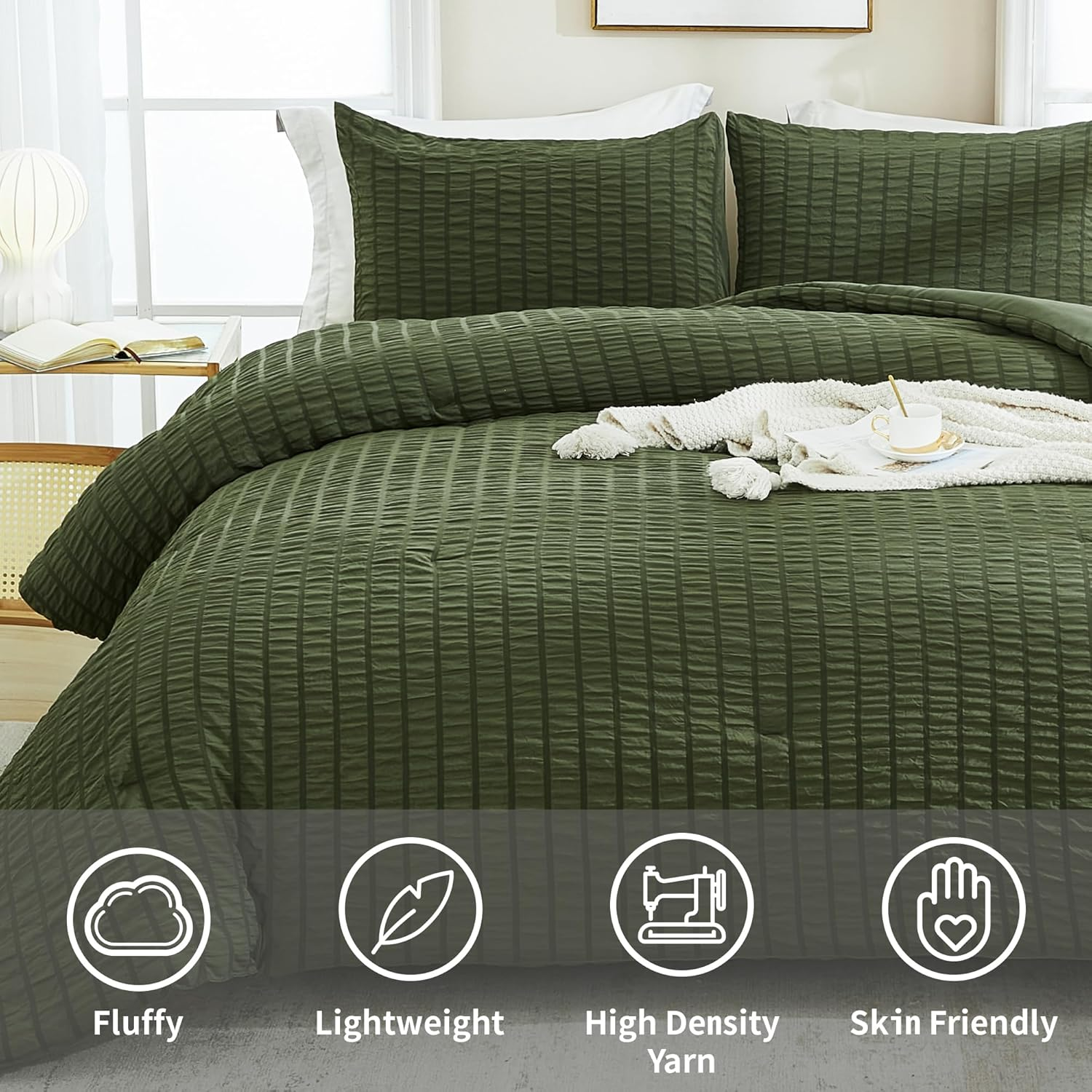 Avelom Dark Olive Green Seersucker Queen Comforter Bed Set (90X90 Inches), 3 Pieces-100% Soft Washed Microfiber Lightweight Comforter with 2 Pillowcases, All Season down Alternative image number 6