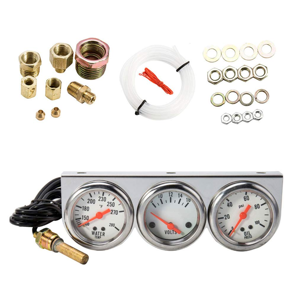 Triple Gauge Kit, 3 in 1 Car Oil Volt Water Gauge, Chrome Housing, White Face, Red Needles, 51Mm Size, 100-280F Water Temp, 8-16V Volts, 0-100Psi Oil Pressure