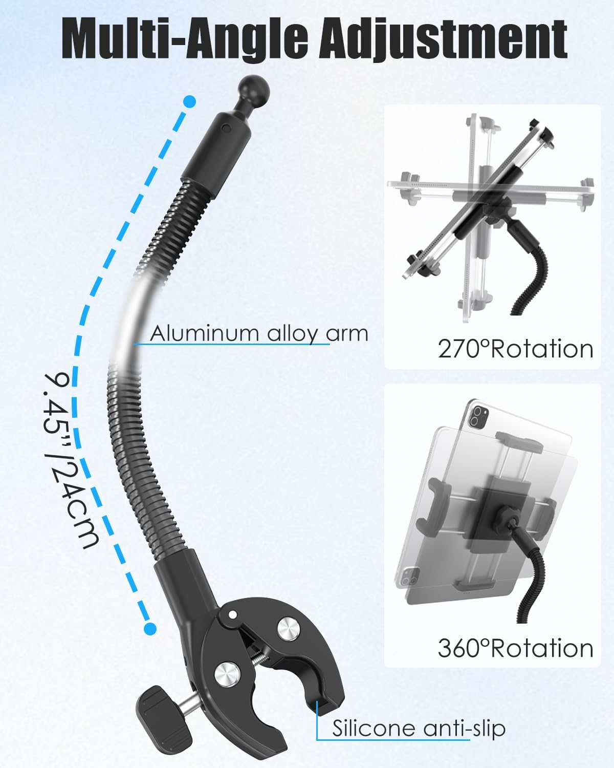 Tablet Phone Mount for Wheelchair, Hand Free Wheelchair Tablet Holder with Adjustable Metal Arm Strong and Durable Compatible with Ipad Pro 12.9 Air Mini, Galaxy Z, E-Book, 4-13" Devices image number 5