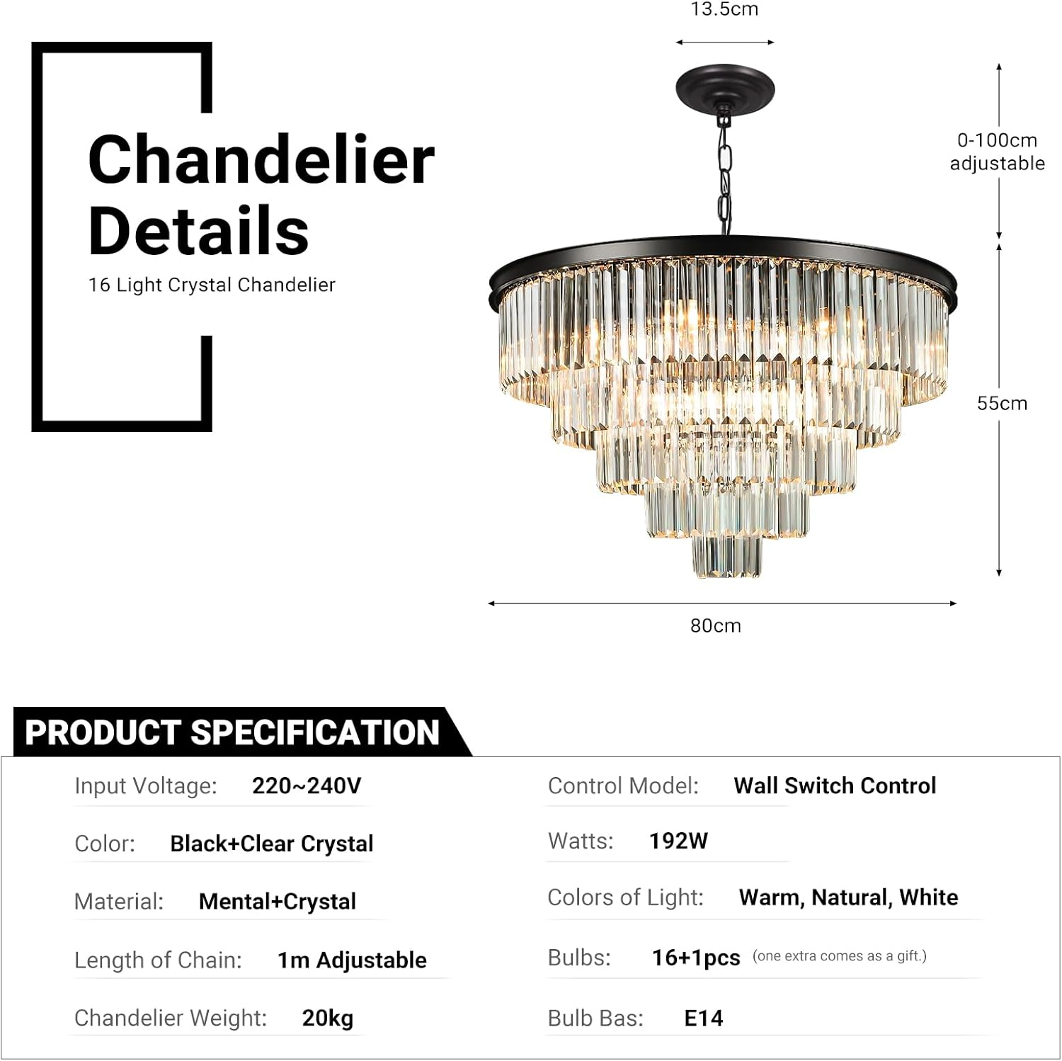 USOR 16 Lights Large Crystal Chandeliers D80Cm H50Cm Modern Luxury Flush Mount Ceiling Light Fixture 3 Colors Hanging Pendant K9 Crystal Chandeliers (Black+Clear Crystal, D80Cm X H50Cm) - Gold+ Clear Crystal image number 5