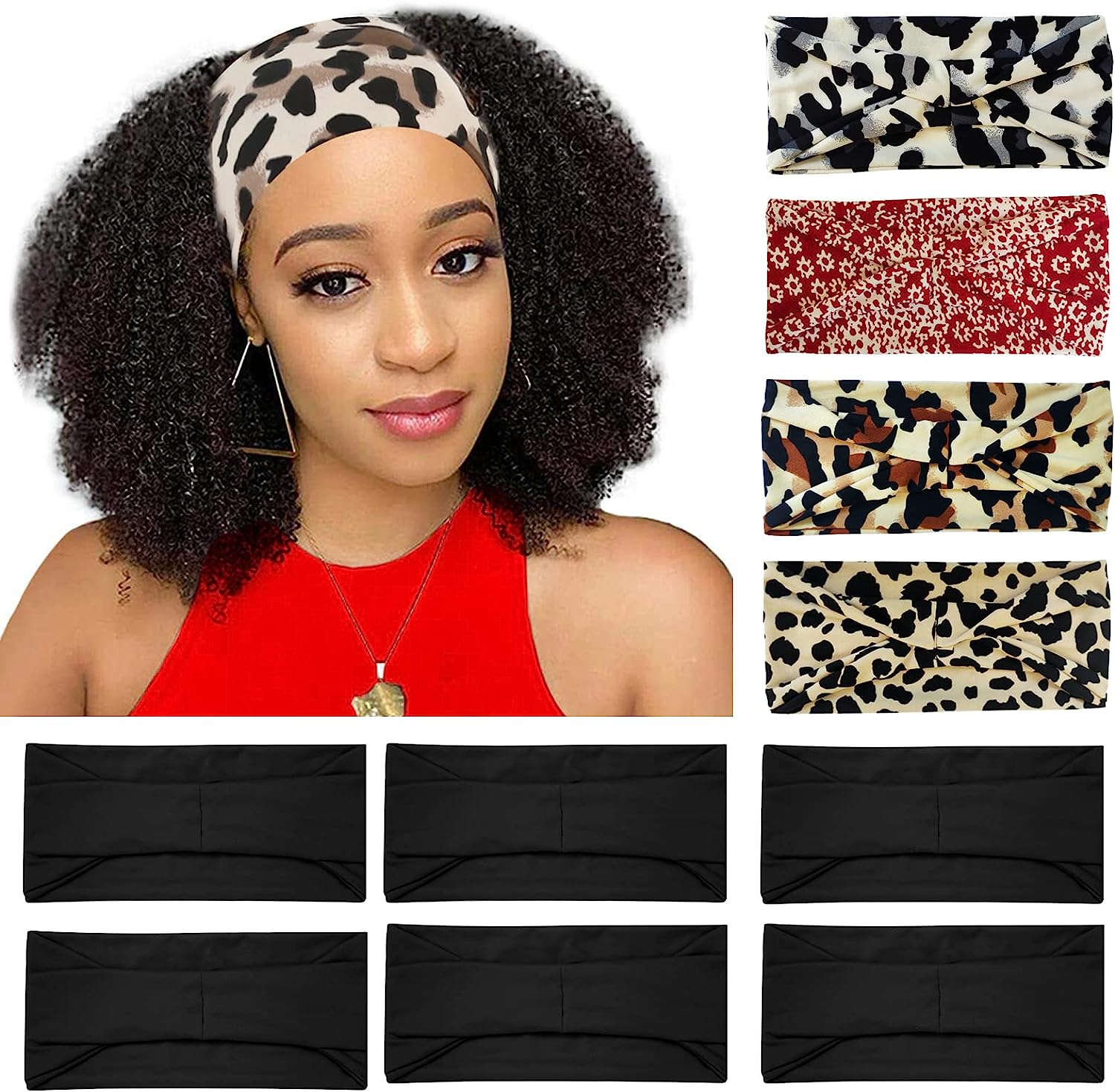 RITOPER Boho Black 4 Inches Wide Headbands for Women, 10 Pack Yoga Workout Head Bands Hair Bands for Women'S Hair, Leopard Print, Hiking, Tennis, Cycling, Running image number 3