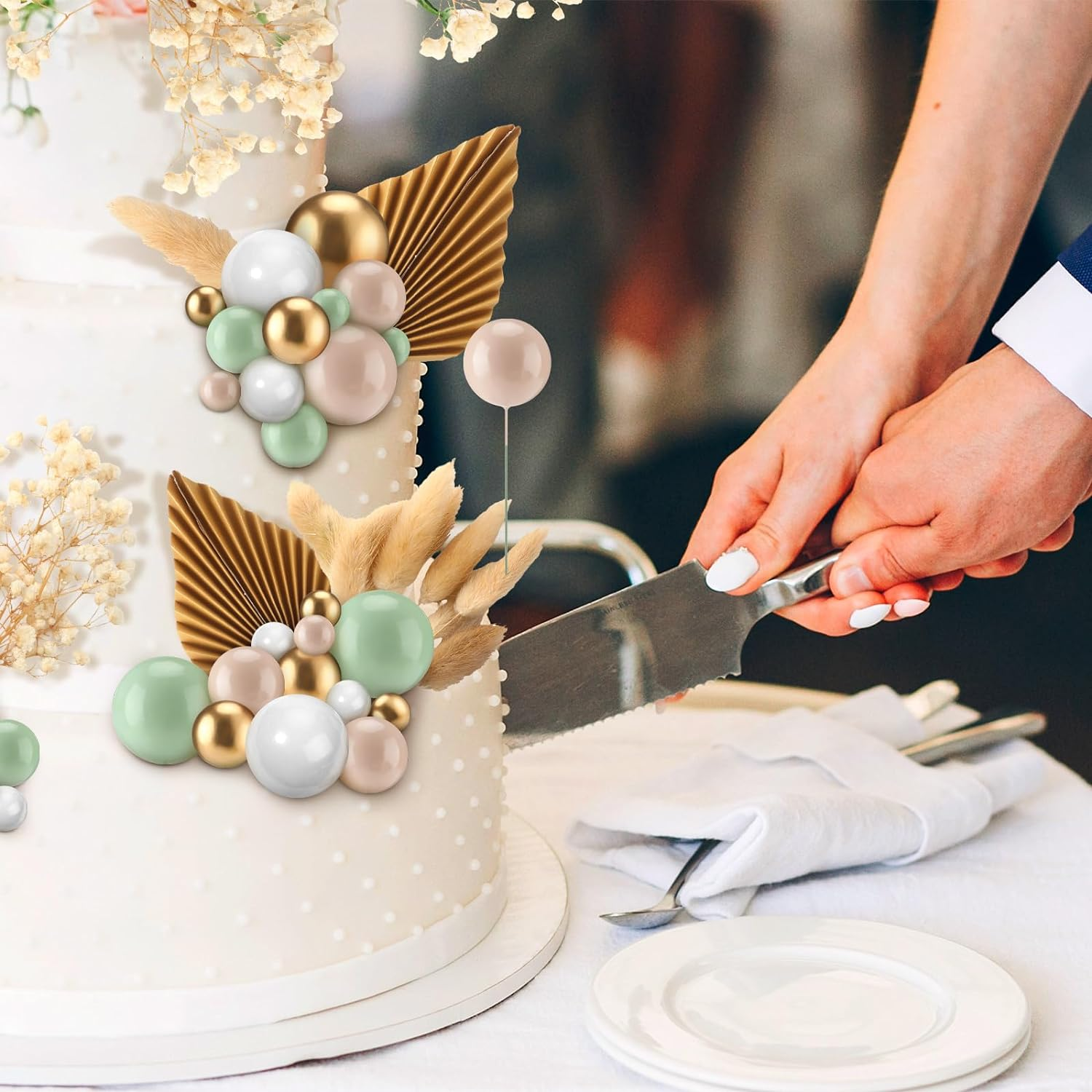 61Pcs Sage Green Ball Cake Topper and Picks - Foam Cupcake Topper for Baby Shower, Birthday Party, Wedding Anniversary - DIY Cake Decoration Supplies image number 3