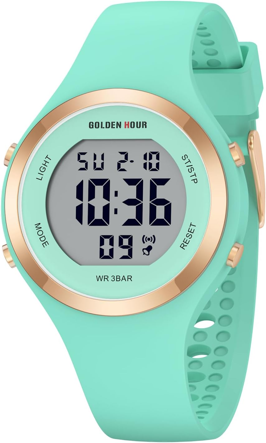 GOLDEN HOUR Digital Ladies Watches 5ATM Waterproof Sport Womens Watch with Luminous/Date/Week/Month Chronograph, Silicone Strap Swimming Watch for Women