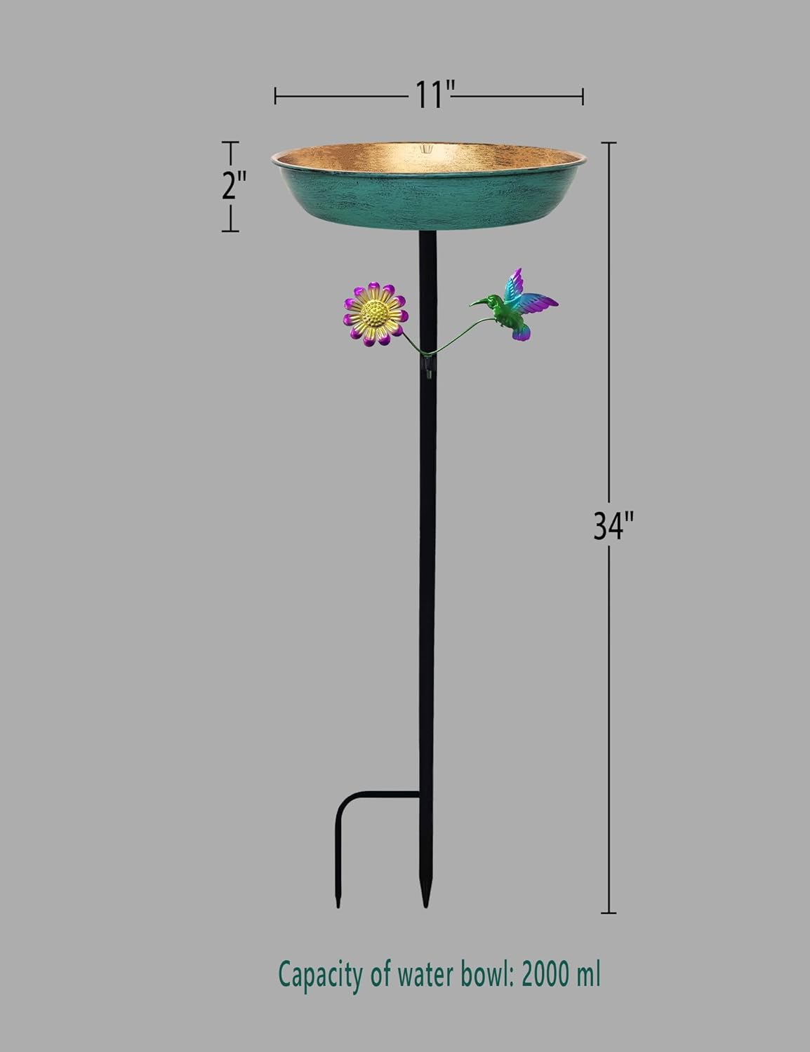 Bird Bath for Outside, 11 Inch Green&Bronze Metal Birdbath Bowl Decorated Hummingbird Flower Freestanding Garden Bird Bath Feeder Outdoor Decor Yard Art