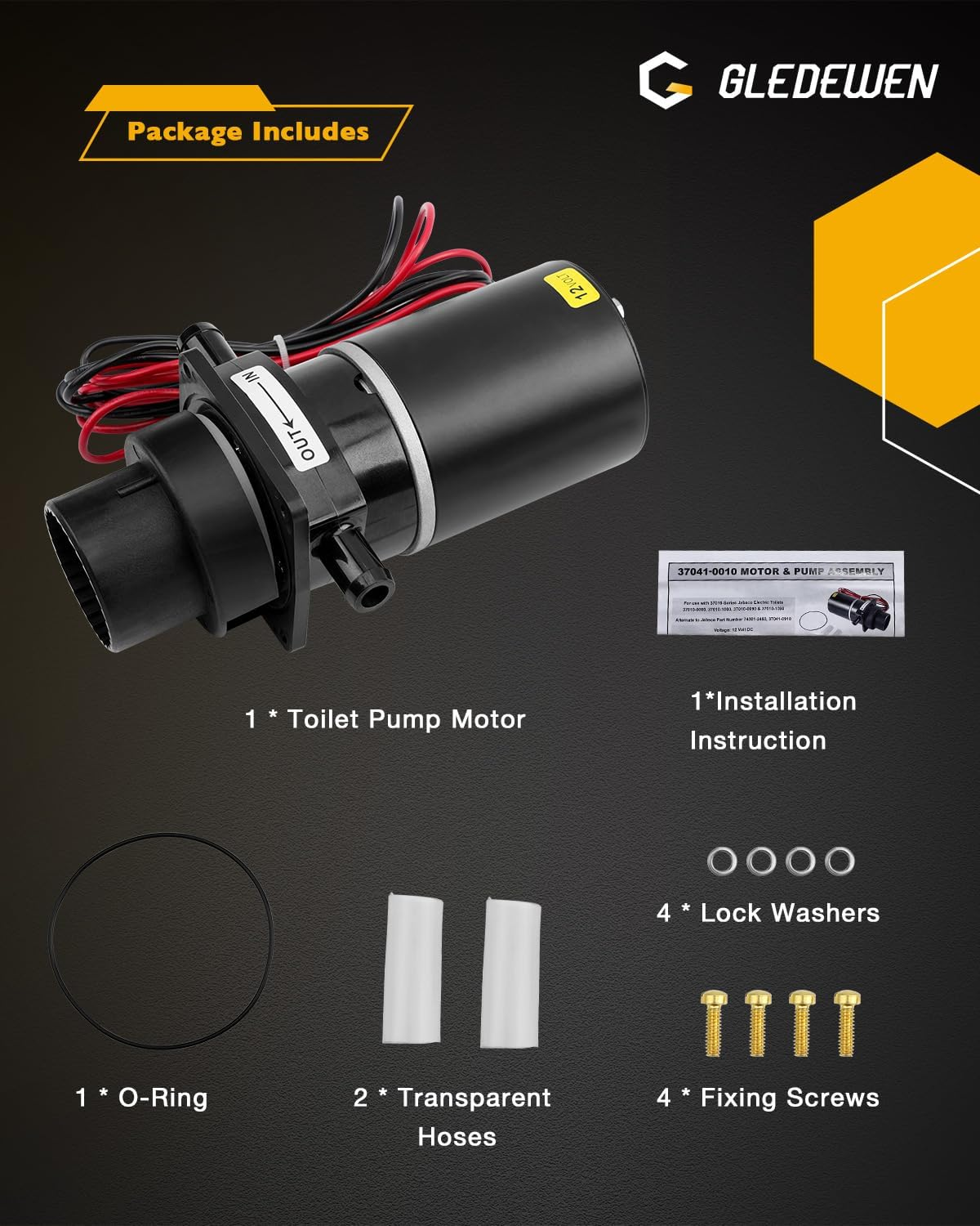 Marine Toilet Macerator Pump Motor Sub Assembly Kit, 37041-0010, Compatible with Jabsco 37010-0090 37010-0000 37010-1000 37010-1090, Boat Yacht Quiet Flush Toilet Electric Macerating, 12-Volt, No Leak