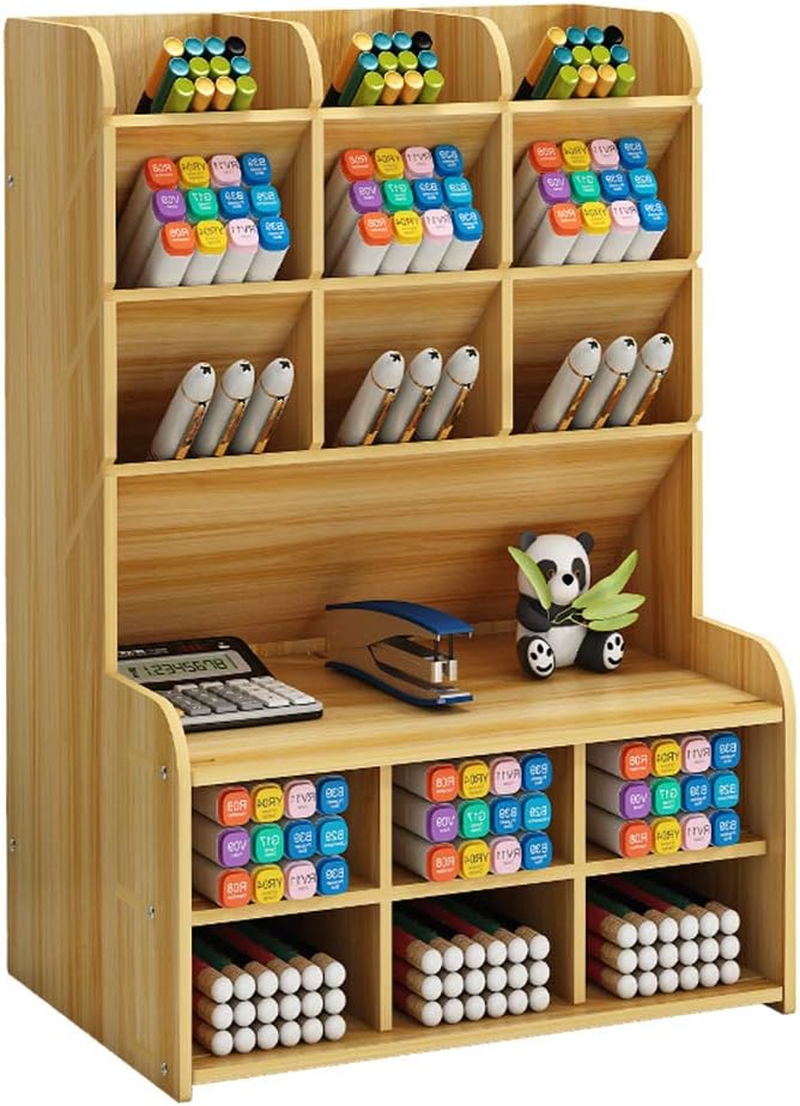 Wooden Desk Organizer with Drawer, Large Capacity DIY Pen Holder Storage Box Desktop Stationary Storage Rack, Pen Organizer Caddies for Office, Home and School Supplies (B16-Black)