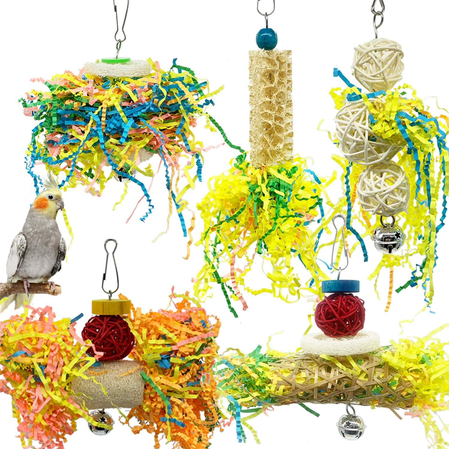 Ebaokuup Bird Parrots Shredding Toys Parakeet Chewing Toys Bird Loofah Toys Parrot Cage Shredder Toys Bird Foraging Hanging Toys Bird Accessories for Parrots Lovebird Cockatiel Conure African Grey image number 6