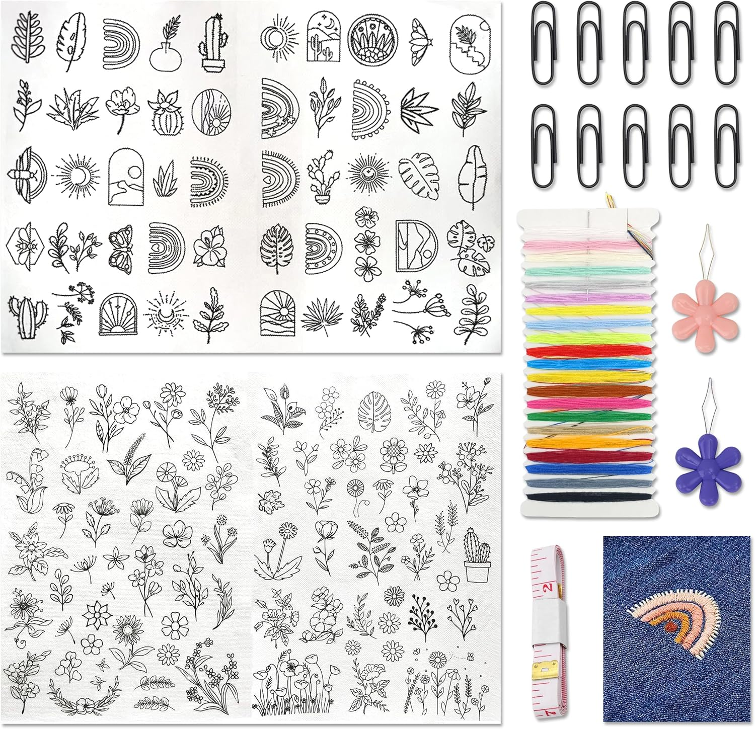 4 Sheets Water Soluble Embroidery Patterns, Stick and Stitch Embroidery Paper with Sewing Accessories, Various Patterns Water Soluble Stabilizer for Embroidery for Hand Sewing Beginners image number 1