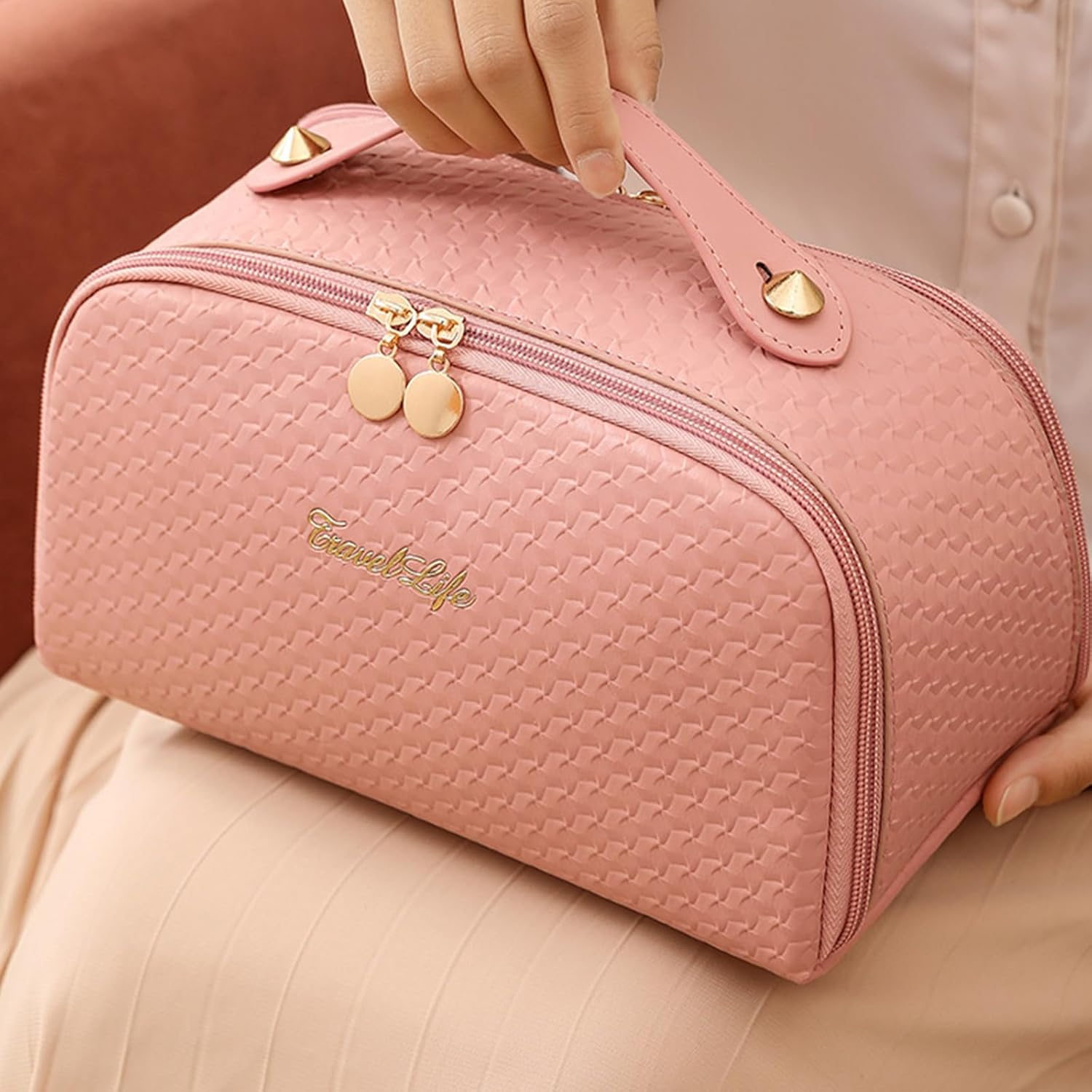 Vbvbip 2025 New Elegant Travel Makeup Bag for Women, Waterproof Cosmetic Organizer Pouch, Large Quilted Makeup Bags，Pink image number 3