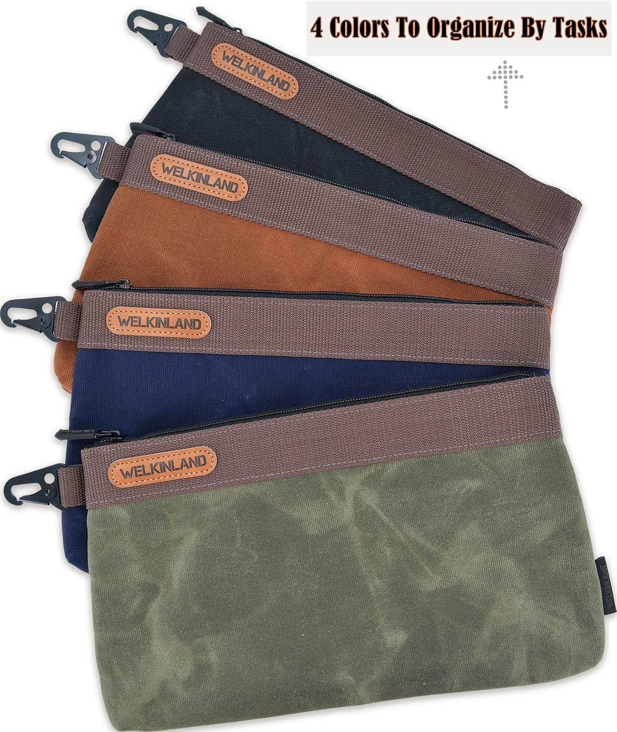 WELKINLAND 4PCS Heavy-Duty Canvas Tool Pouches, 12" Waterproof Waxed Canvas Zipper Tool Pouch Set, Black/Olive/Navy/Brown