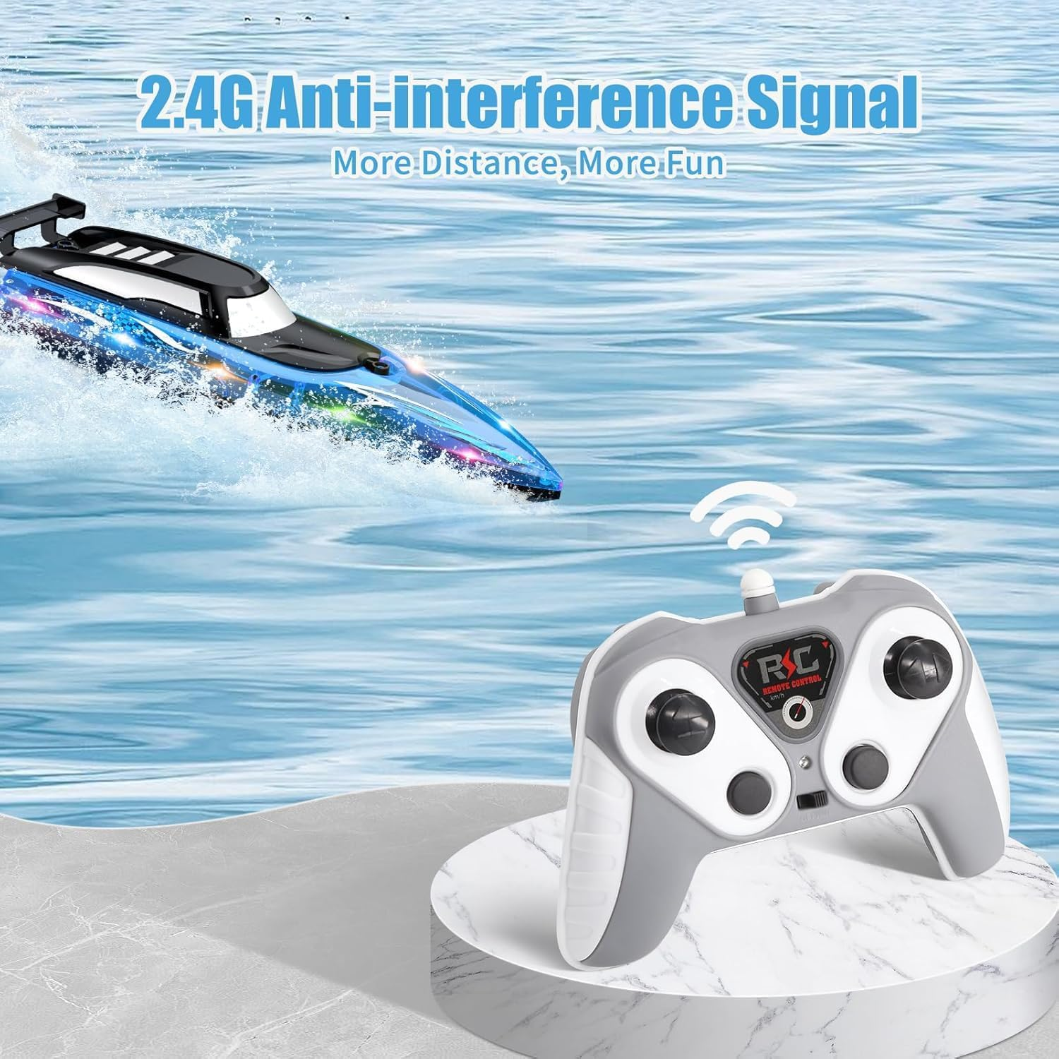 B-Qtech Remote Control Speedboat RC Boat, High Speed ​​RC Waterproof Boat with LED Light, 2.4Ghz Racing Boats for Pools and Lakes with 2 Battery Games, Rowing Toy for Kids&Adults image number 5