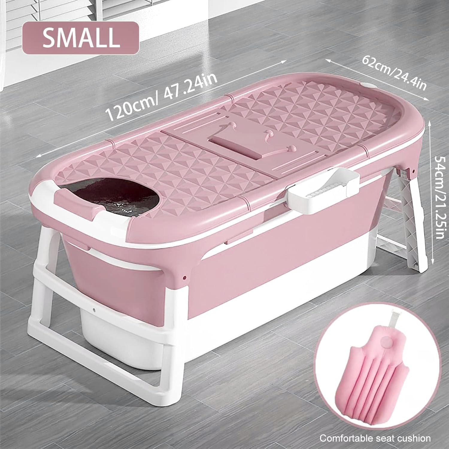 USOR 120Cm Foldable Bathtub for Adults, Portable Soaking Bath Tub with Insulated Cover, Thickened PP/TPE Collapsible Spa Tub for Small Bathroom & Indoor Outdoor Pink