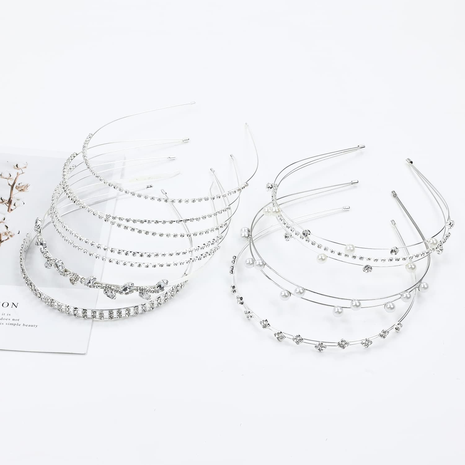 8 Pack Rhinestone Pearl Glitter Sparkly Fancy Silver Metal Headbands Double Hair Bands Slim Thin Skinny Hard Hair Bands Crown Tiara Hair Holder Headpieces for Women Girls image number 4