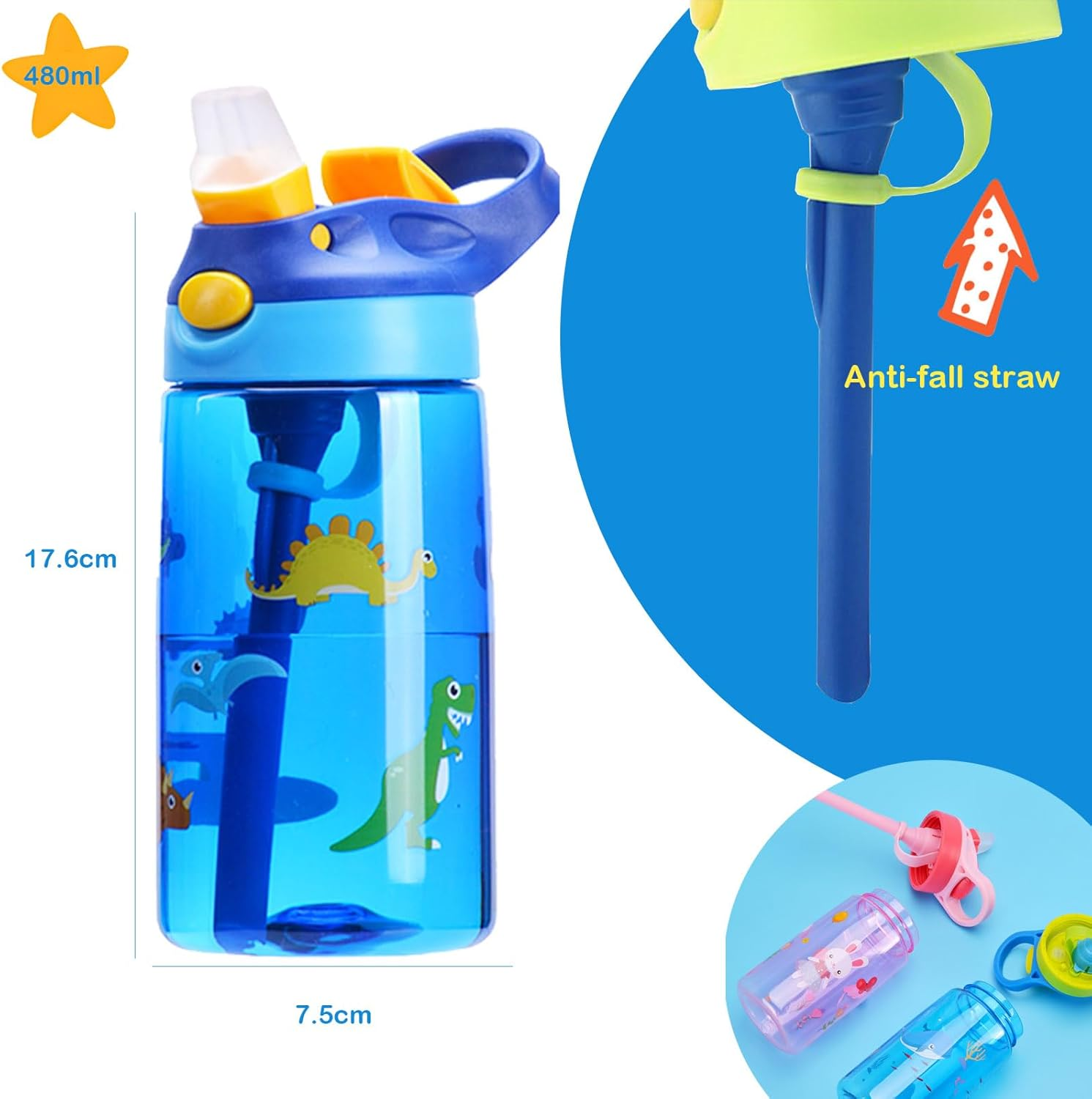 16Oz/480Ml Children Water Bottle with Tritan, Bpa-Free Cup, Leak-Proof &ndash; Straw Top with Lock - Suitable for Schools, Sports, Camps, Picnics&More, Drink Bottle for Children (Dinosaur) image number 6