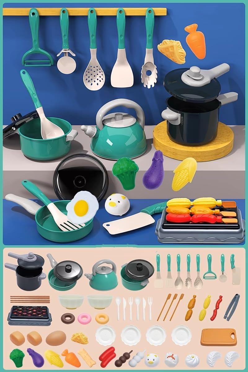 61 Piece Mini Play Kitchen Accessories for Kids, Pretend Cooking Playset with Pots, Pans, Utensils, Cutting Fun Fruits & Veggies, Learning Gift for Toddlers, Girls & Boys (Green)