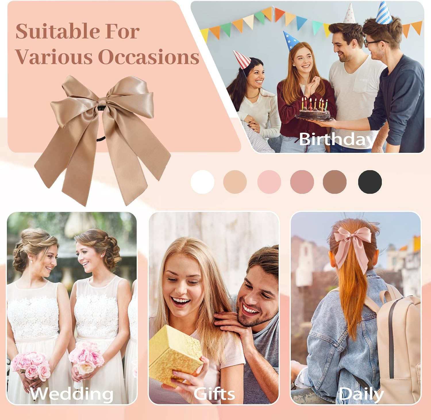 Yougeigy 6PCS Bow Hair Ties, Satin Hair Ribbon, Ribbon Hair Bows for Women Girls, Elastics Hair Scrunchies for Thick Thin Hair, Brown Hair Accessories image number 3