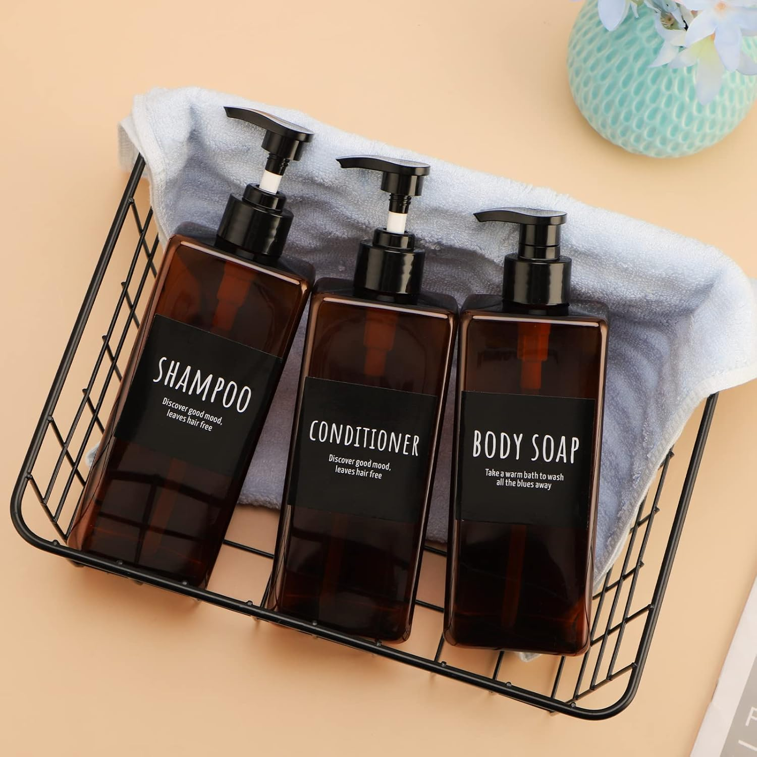 Segbeauty Square Emulsion Bottle, 3Pcs 16.9Oz/500Ml Refillable Cosmetic Pump Dispenser with Labels, Reusable Plastic Lotion Dispenser, Shower Container for Body Soap Conditioner Bathroom Hotel -Amber image number 6