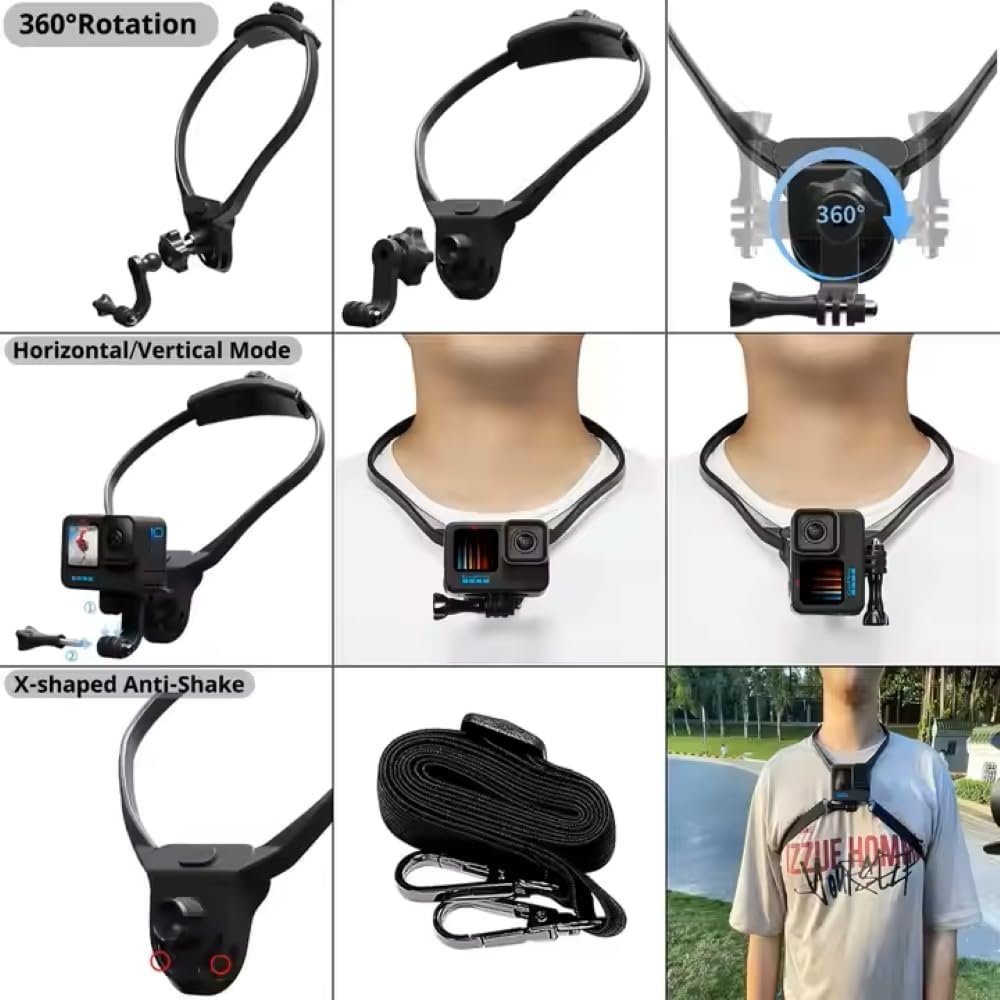 Azragon Neck Mount for Gopro, 3-In-1 Chest Shoulder Head Stabilizer with Quick Release, Hands-Free Holder for Gopro Hero 13/12/11, Insta360 X3, DJI OSMO Action, Iphone 15/14/13 Pro Max Android Phones