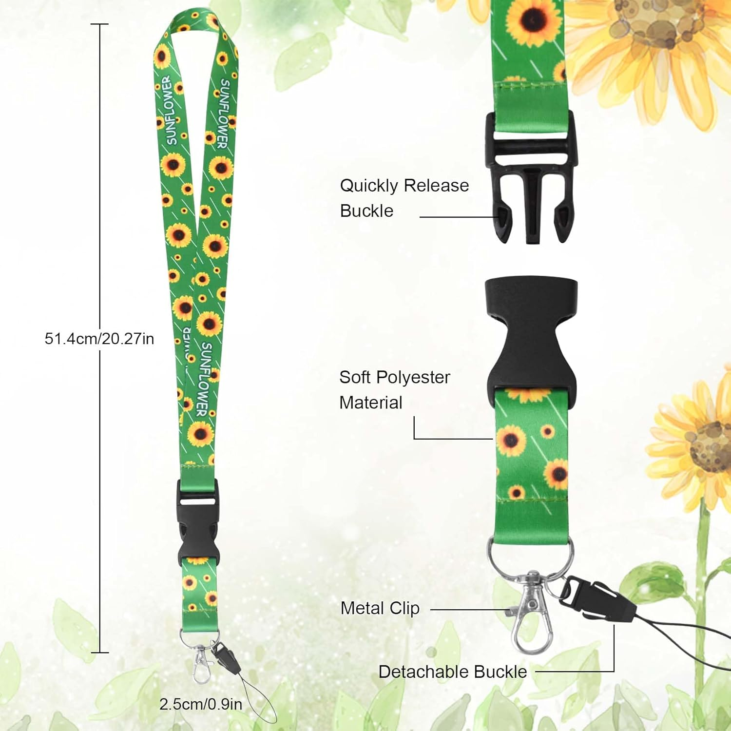 Sunflower Lanyard with Removable Buckle, 2Pcs Cute Lanyards for Keys, ID Badges, Bus Pass, Detachable Badge Lanyards for Women, Men, Teachers, Nurses, for Work, School, and Daily Use image number 1