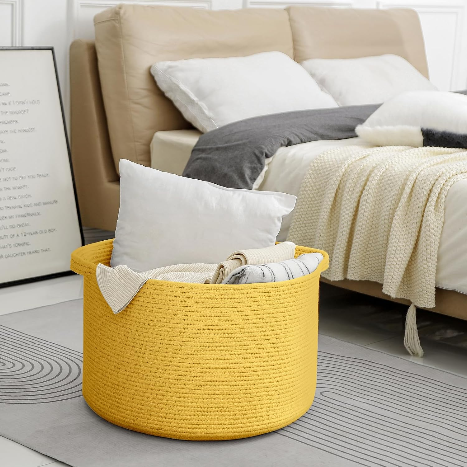 MEGASKET Extra Large Yellow Storage Basket, 22" X 22" X 14" Woven Cotton Rope, for Living Room, Baby Nursery, Toy Organizer, Towels, Room Decor