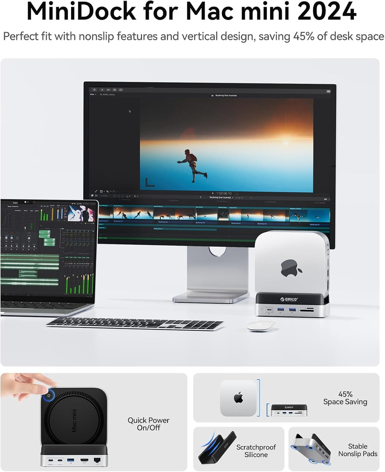 ORICO Minidock and Stand Compatibility with Mac Mini M4, 9-In-1 Aluminum Hub with 2TB Nvme M.2 SSD, 10Gbps USB-C & USB-A, 4K HDMI, Gigabit Ethernet, SD/TF Card Readers image number 1