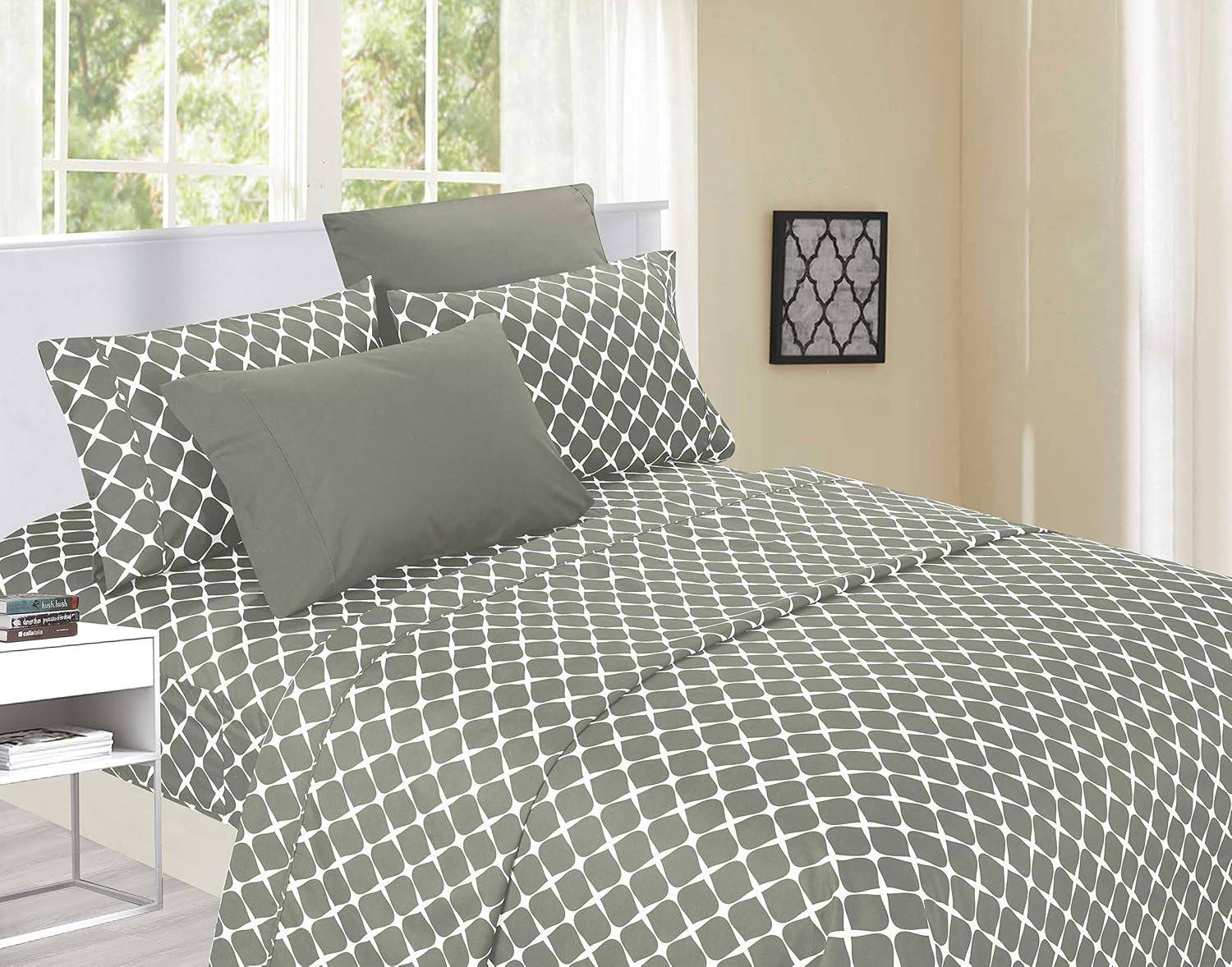 Elegant Comfort Luxury Soft Bed Sheets Bloomingdale Pattern - 1500 Premium Hotel Quality Microfiber Softness Wrinkle and Fade Resistant (6-Piece) Bedding Set, California King, Grey image number 3