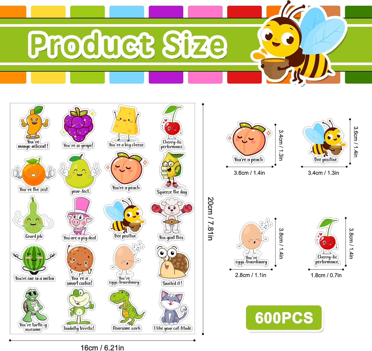 600 Pieces Fun Teacher Stickers for Kids Reward Punny Motivational Sticker Positive Pun Cartoon Animal Fruit Stickers Cute Incentives for Kids Teacher Classroom School image number 4