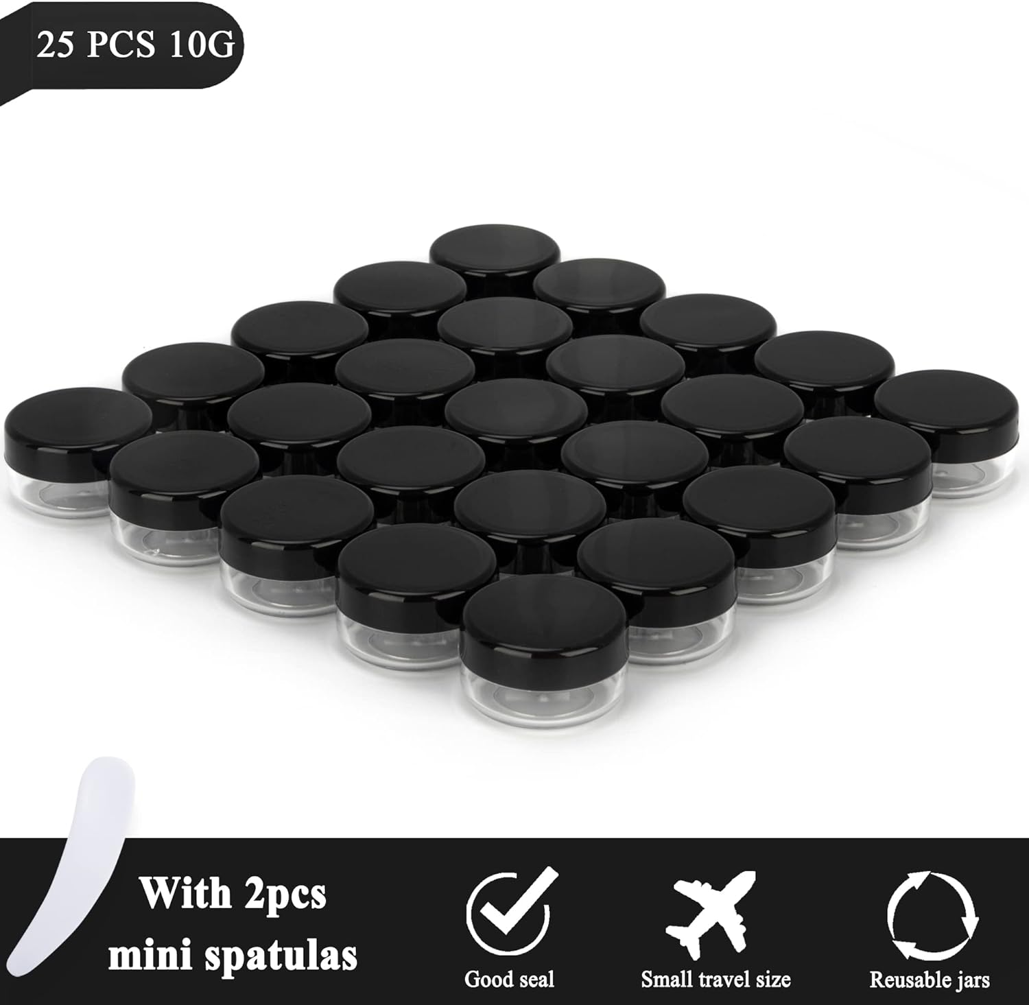 25PCS 10 Gram Sample Containers, 10Ml Empty Jars with Lids, Small Cosmetic Containers, Mini Sample Jars with 2PCS Mini Spatulas for Make Up, Oils, Lotion, Powder, Paint, Jewelry, Lip Balms(Black Lid) image number 4