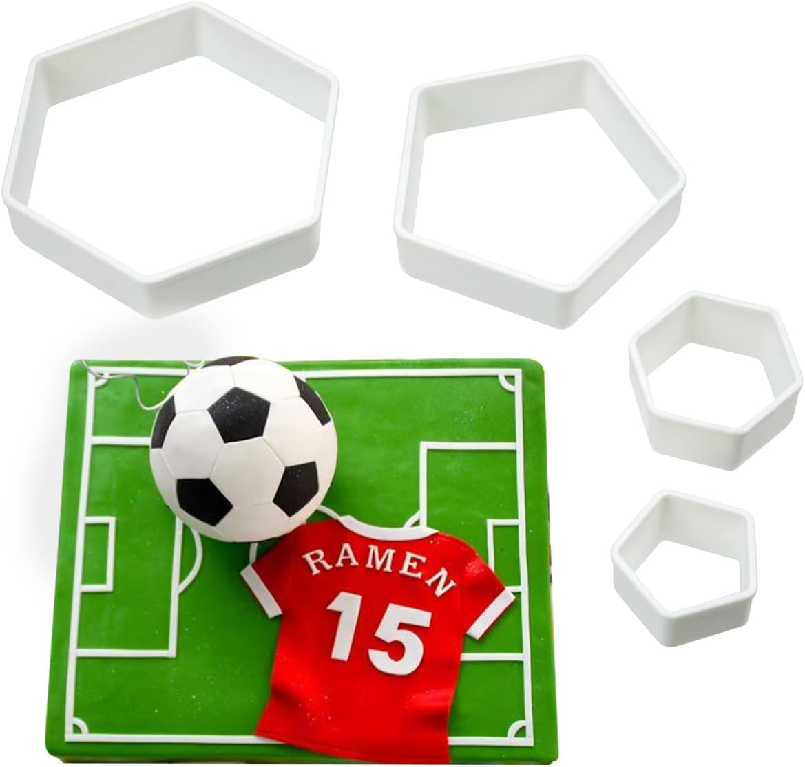 4 Pcs Football Pattern Cookie Cutters 4 Sizes Hexagon Cookie Cutter Plastic Soccer Cake Fondant Cutters for Kitchen Boys Kids DIY Soccer World Cup Sugar Craft Moulds Cake Desserts Decorating Tools image number 3