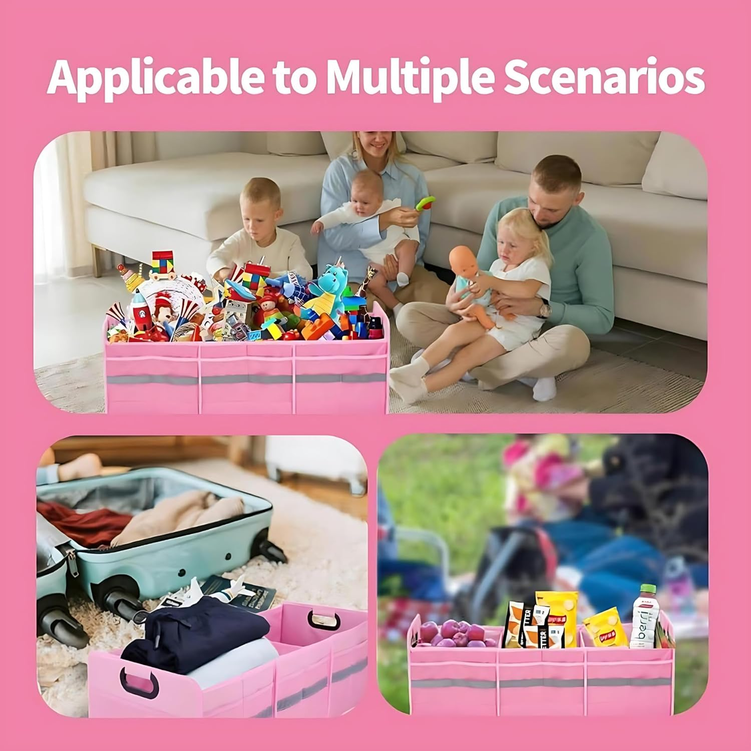 Stylish Pink Car Boot Organizer XL 90CM 100L &ndash; Multi-Compartment Trunk Organizer for Women and Ladies, Ideal for Grocery Shopping, Travel & Daily Car Use