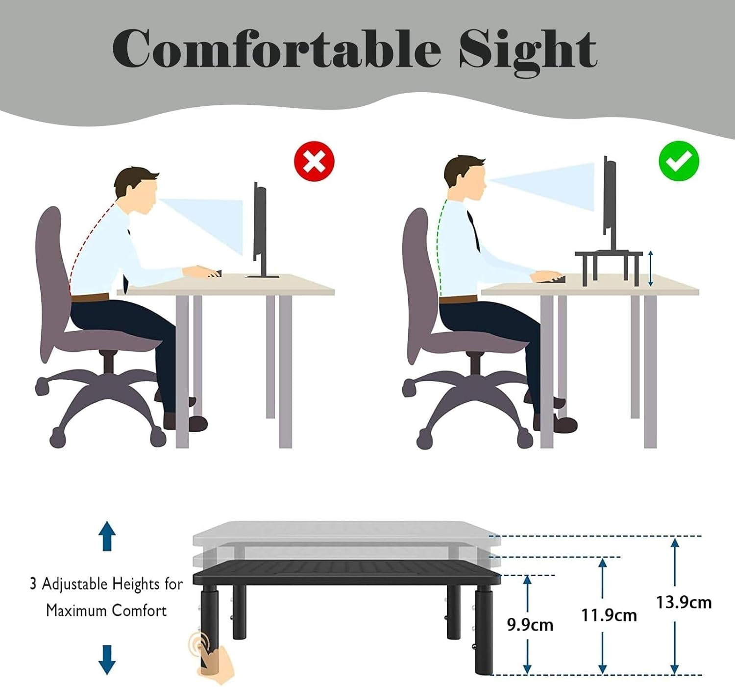 1 Pack Black Metal Monitor Stand Riser, 3 Height Adjustable Monitor Riser with Mesh Holes, Metal Shelf Holder Screen Floor Stand Riser Metal Platform for Computer, Laptop, Printer image number 1