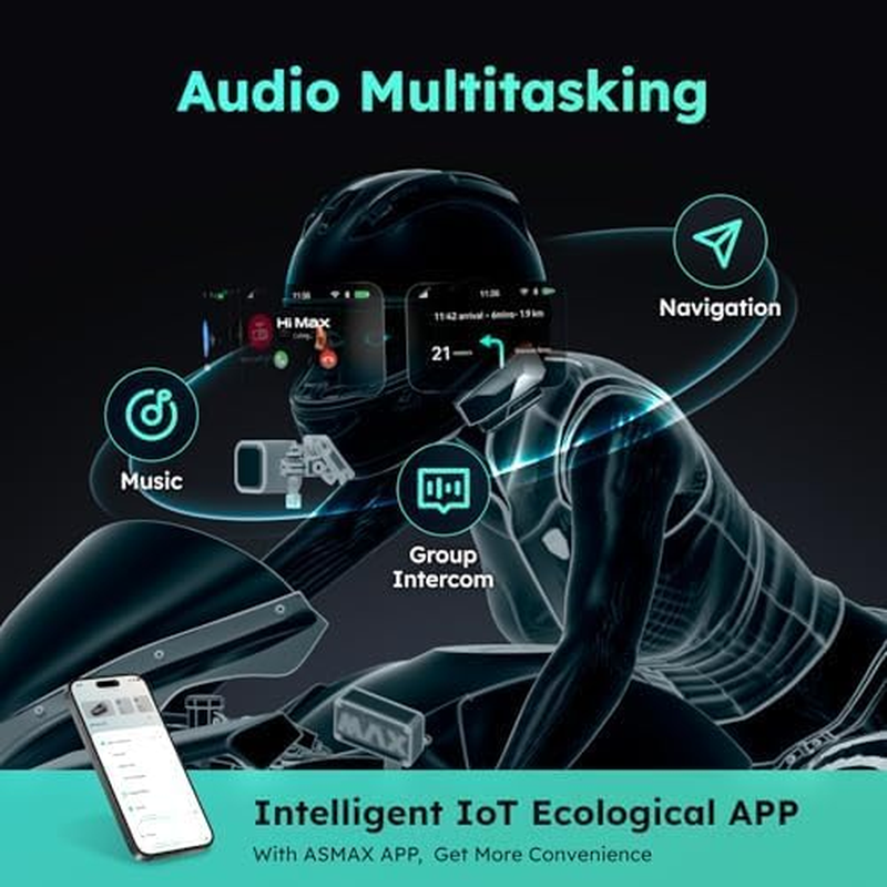 ASMAX F1 Motorcycle Bluetooth Headset with Hi-Fi Speakers for Atv/Snowmobile/Ski, 10 Riders Mesh Helmet Communication Systems with FM Radio, AI Voice Control Motorcycle Intercom with Fast Charging image number 5